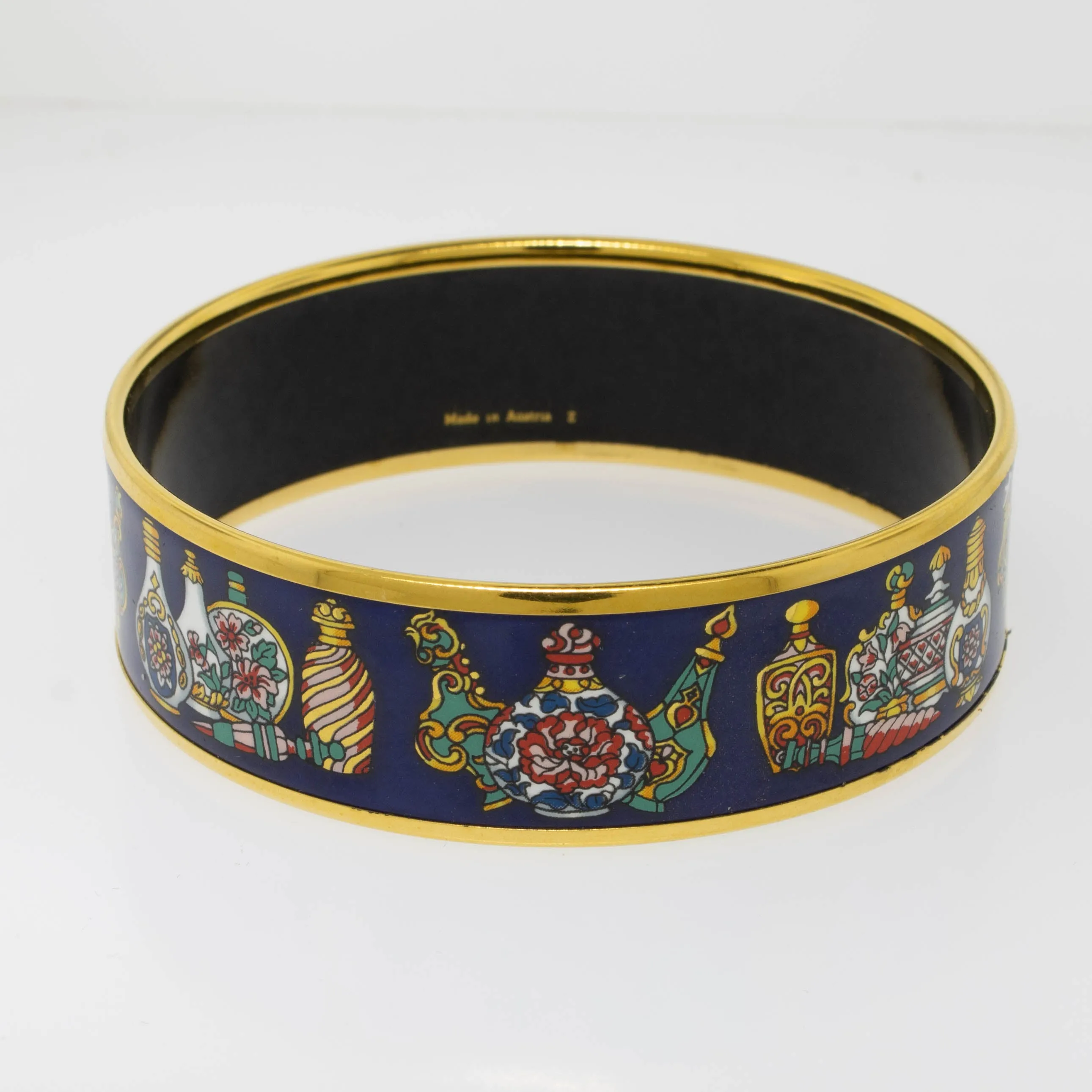 Hermes 7.5" Enamel Bangle Bracelet Gold-Plated Perfume Bottles Preowned Jewelry