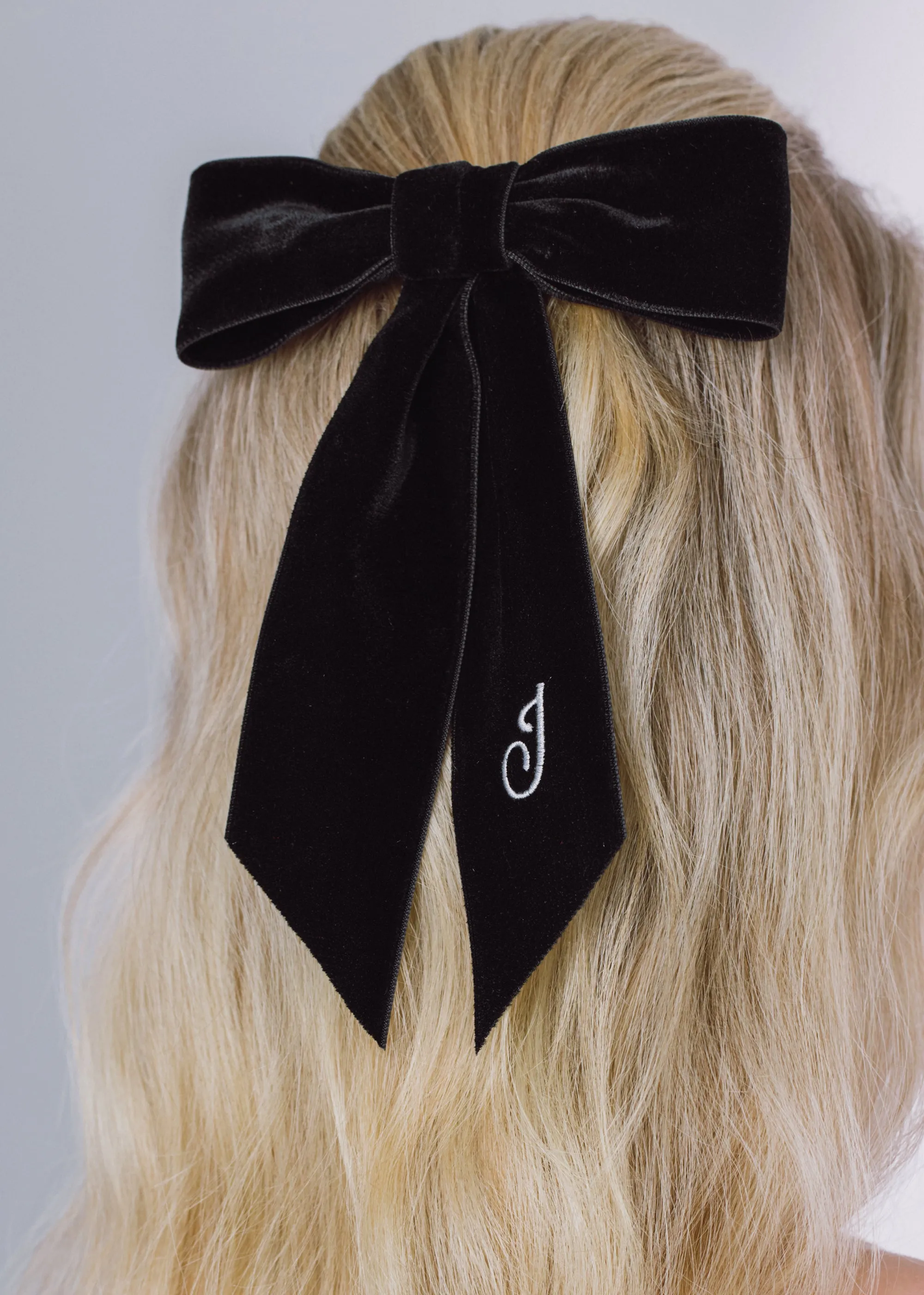 Initial Wide Velvet Bow Barrette -- Black