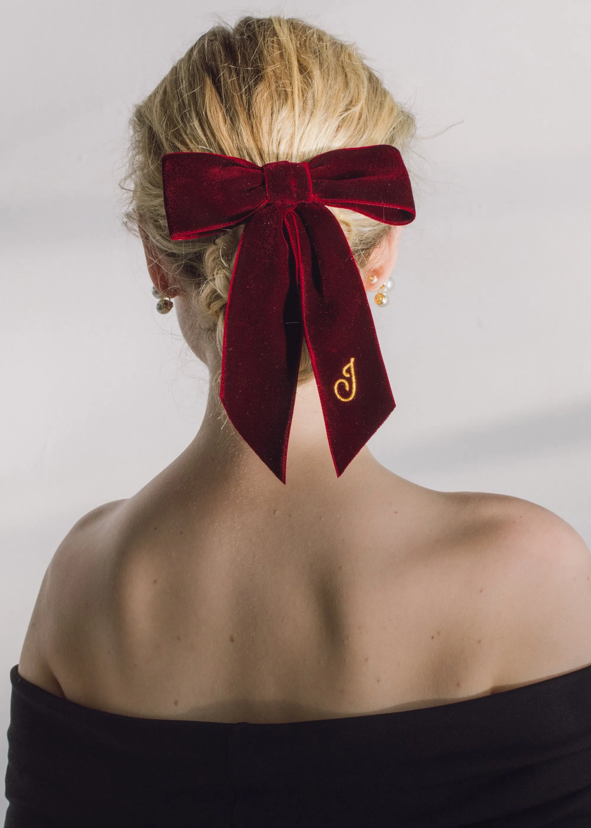 Initial Wide Velvet Bow Barrette -- Pinot