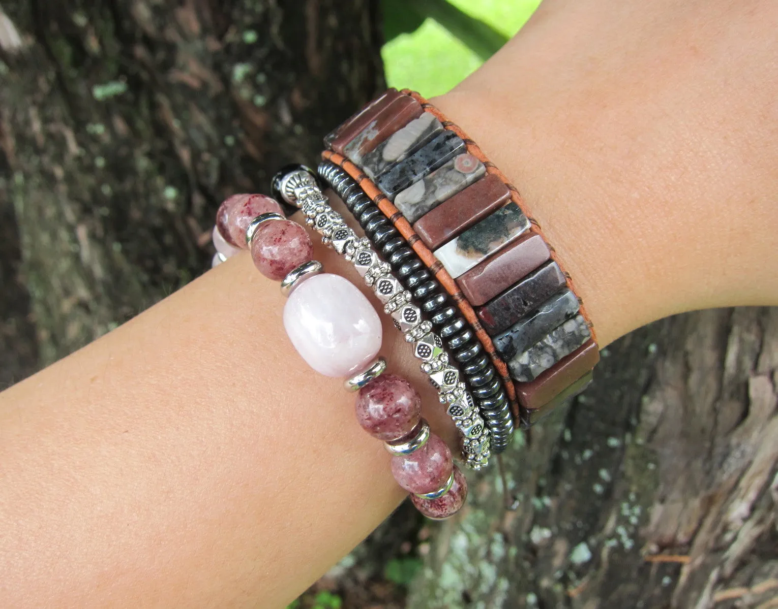 Jasper Agate Mix Tubestone Leather Bracelet