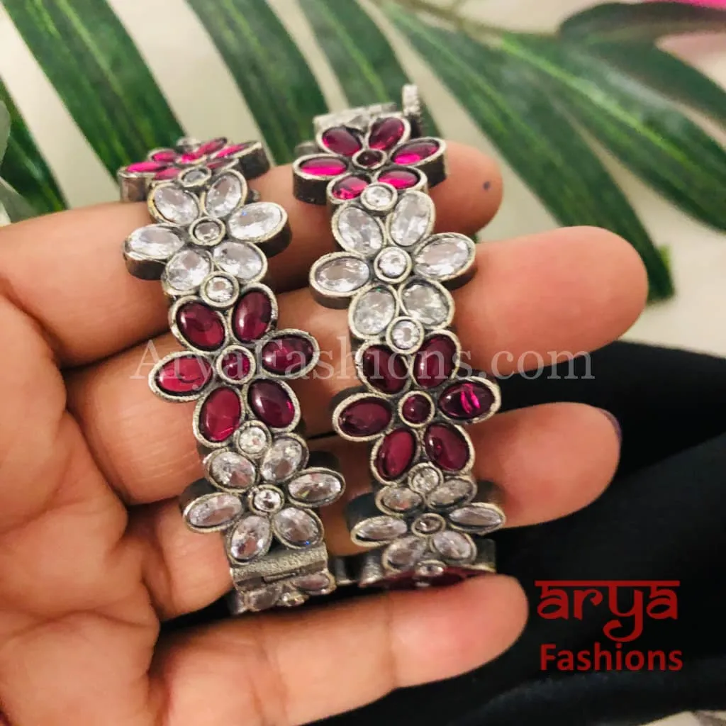 Karishma Oxidized Silver Bracelet Kada with colored stones