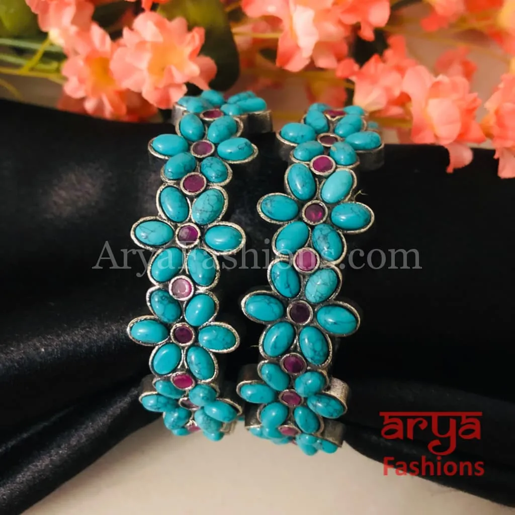 Karishma Oxidized Silver Bracelet Kada with colored stones