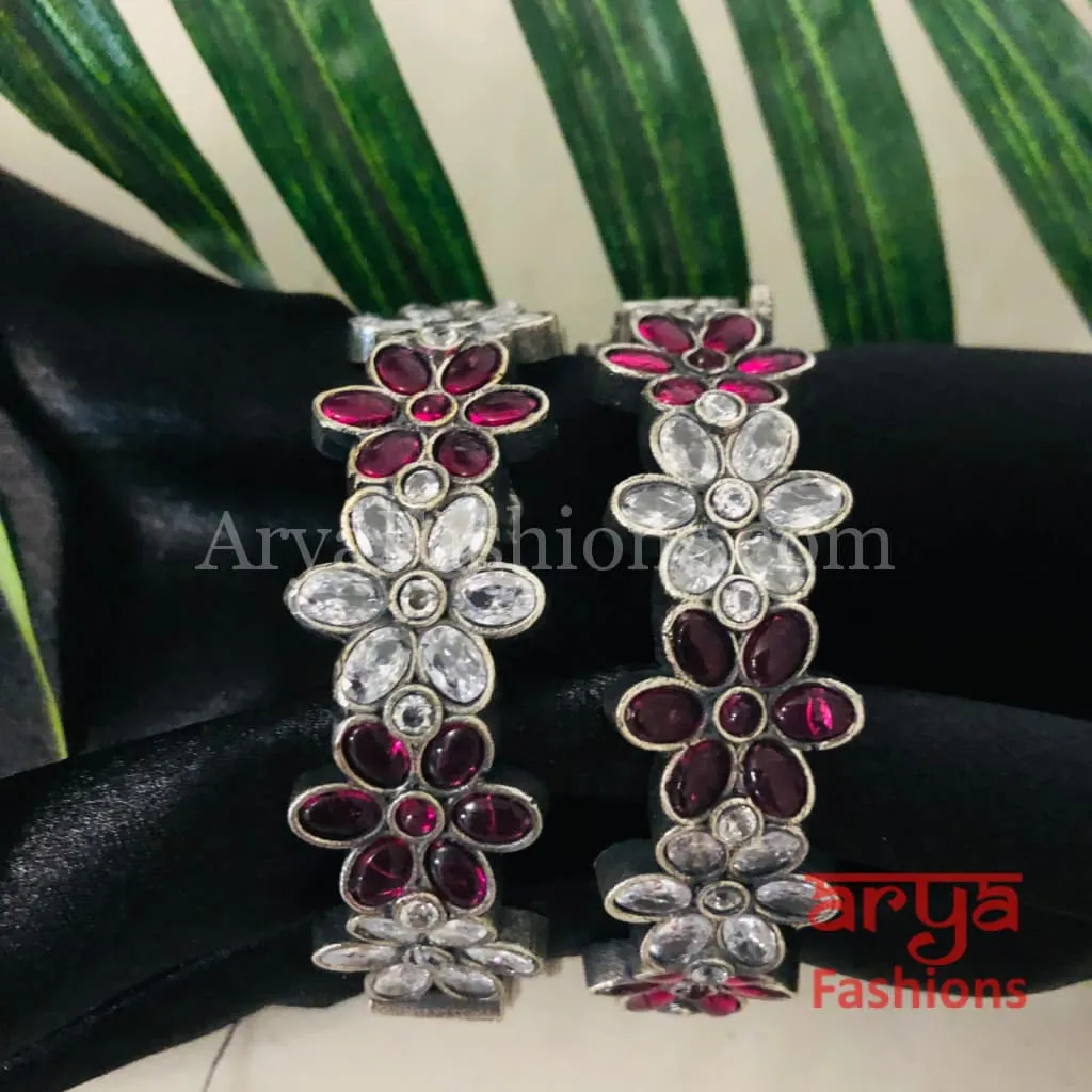 Karishma Oxidized Silver Bracelet Kada with colored stones