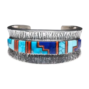 Lapis, Onyx, Coral, and Kingman Turquoise Inlay Cuff | Lester James and Aaron Anderson