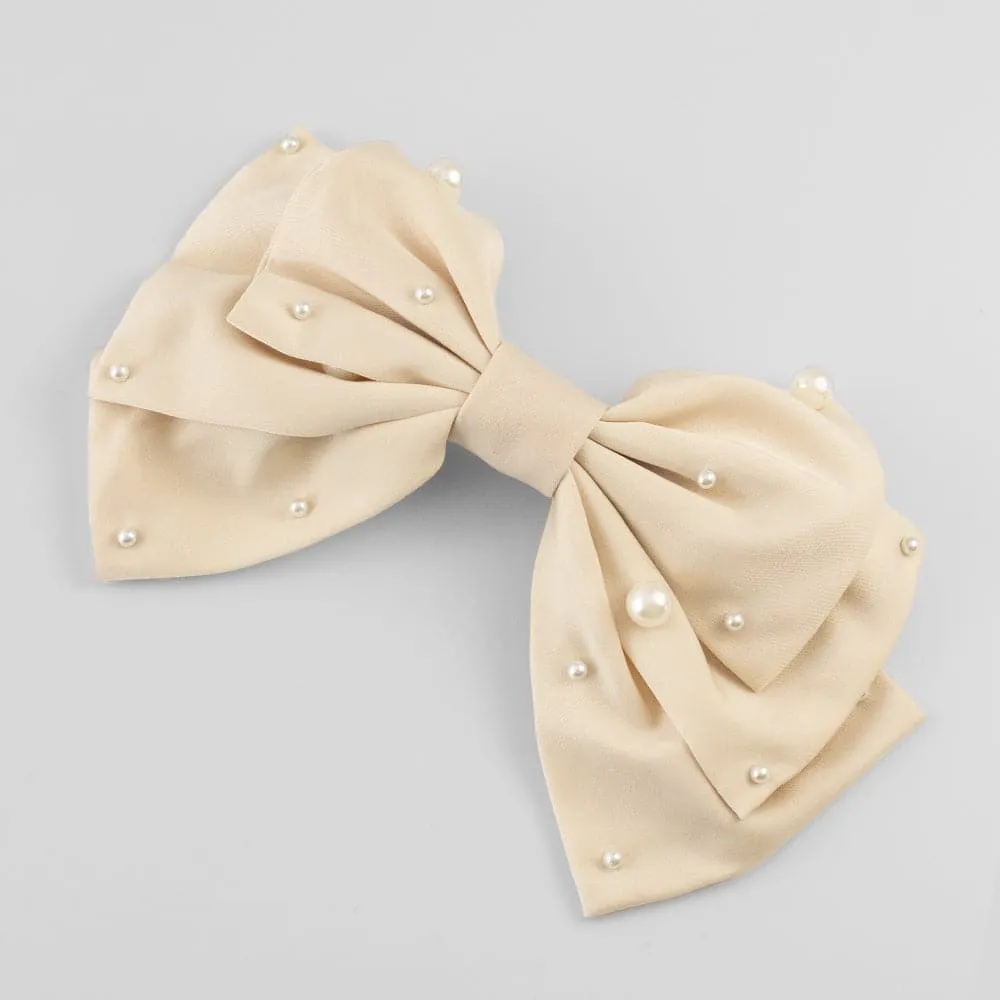 Large Fabric Pearl Bow Barrette