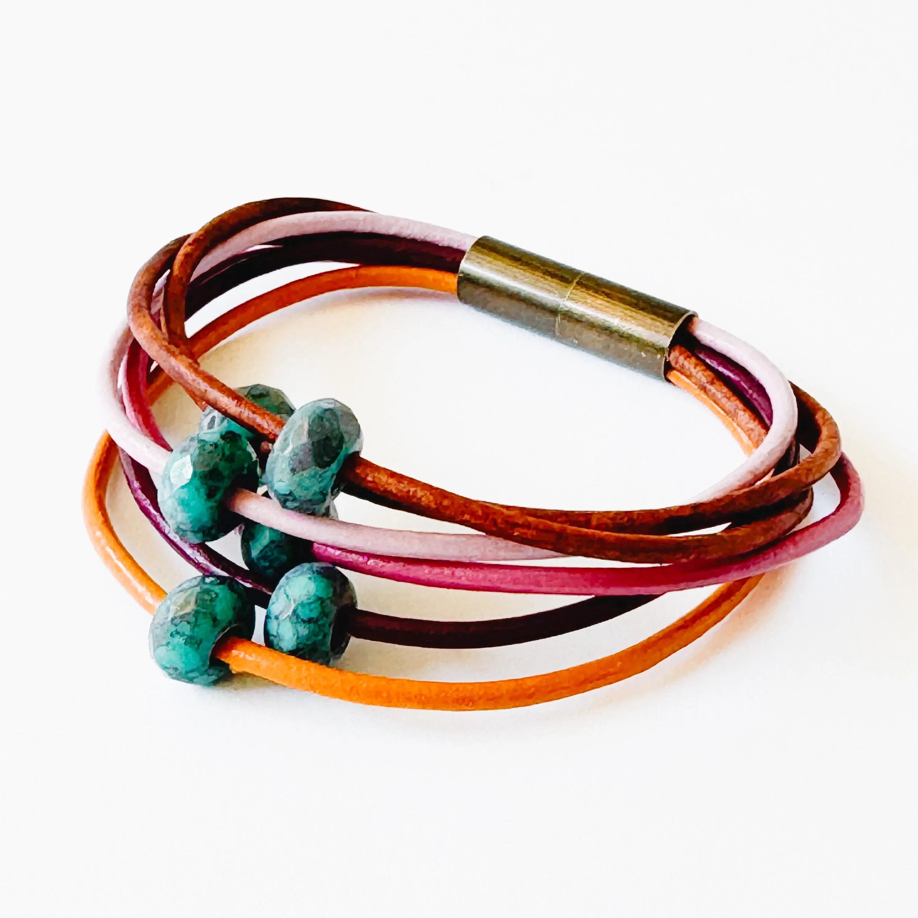 Leather and Turquoise Glass Bead Bracelet