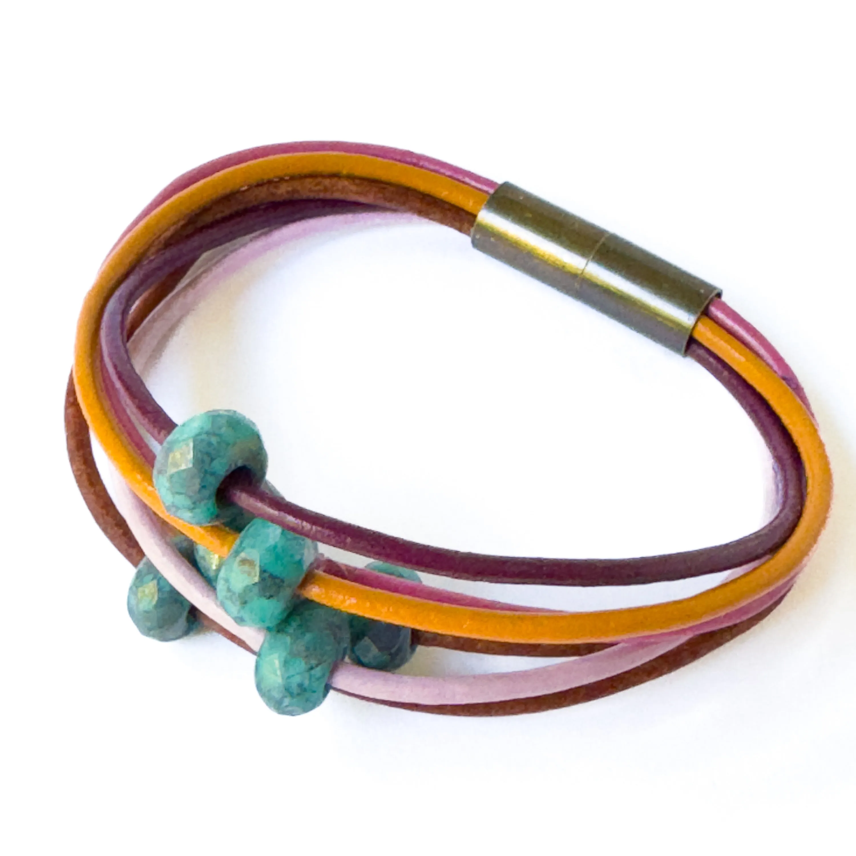 Leather and Turquoise Glass Bead Bracelet