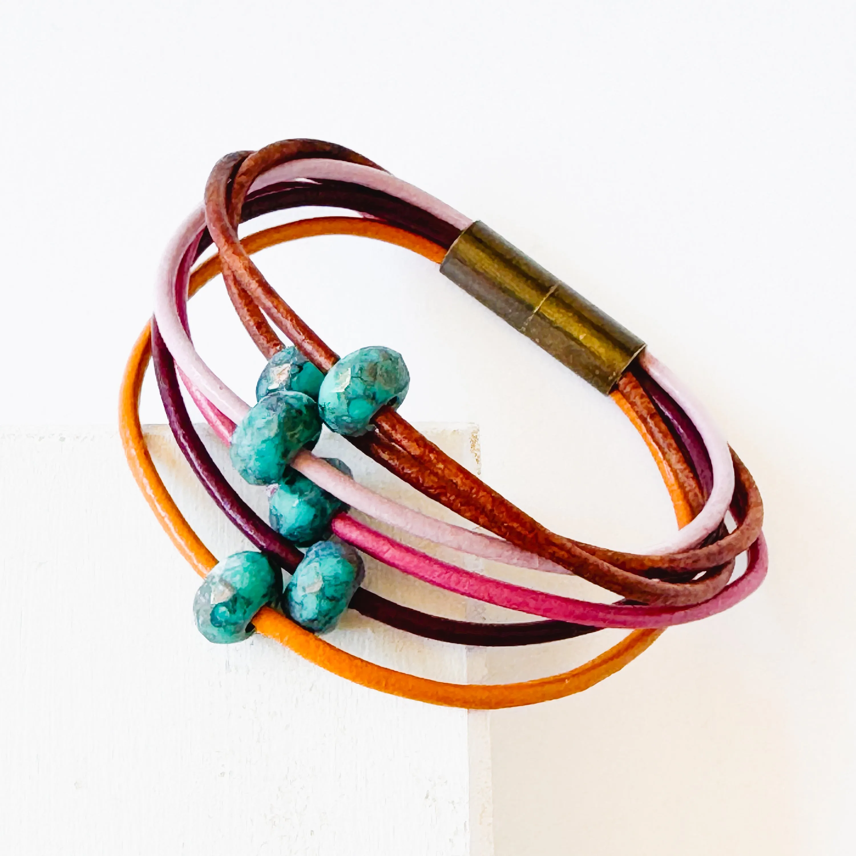 Leather and Turquoise Glass Bead Bracelet