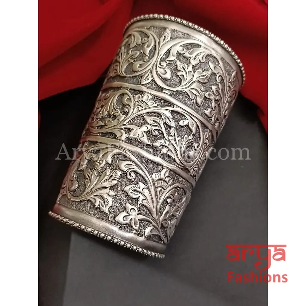 Long Silver Oxidized Statement Cuff Bracelet