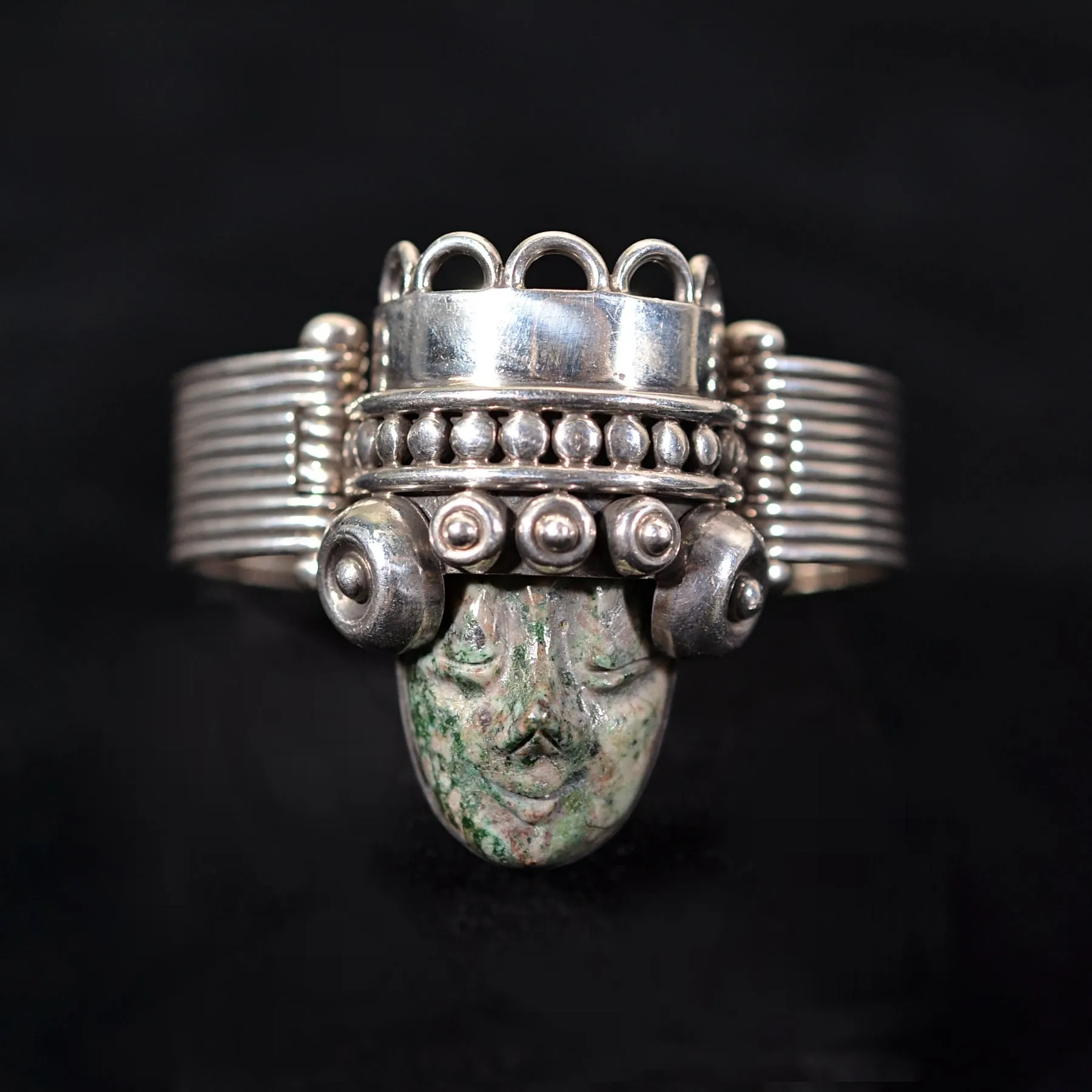 Los Ballesteros Taxco 925 Silver Bracelet, Carved Stone Aztec Warrior 77.9 Grams