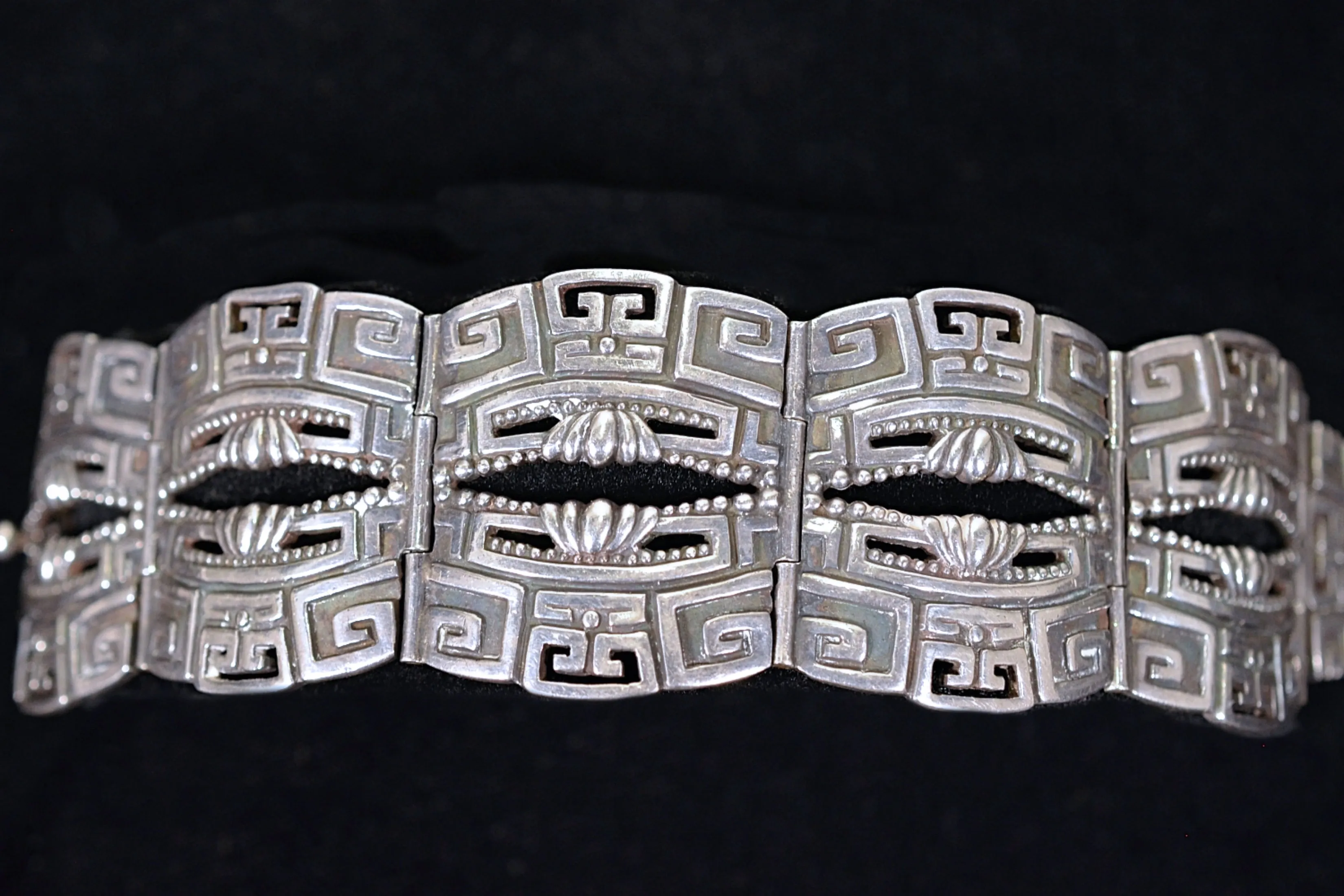 Margot De Taxco Sterling Mayan Bracelet #5280 Pre-Columbia Design 92.4 Grams