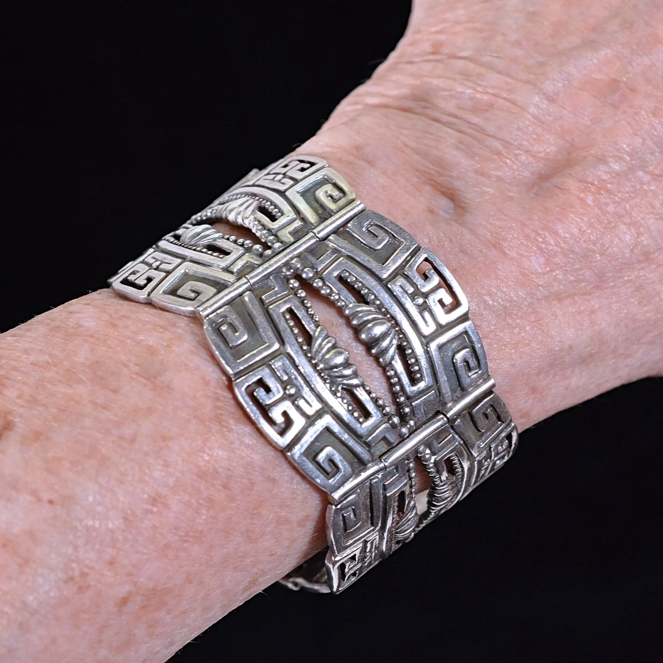 Margot De Taxco Sterling Mayan Bracelet #5280 Pre-Columbia Design 92.4 Grams