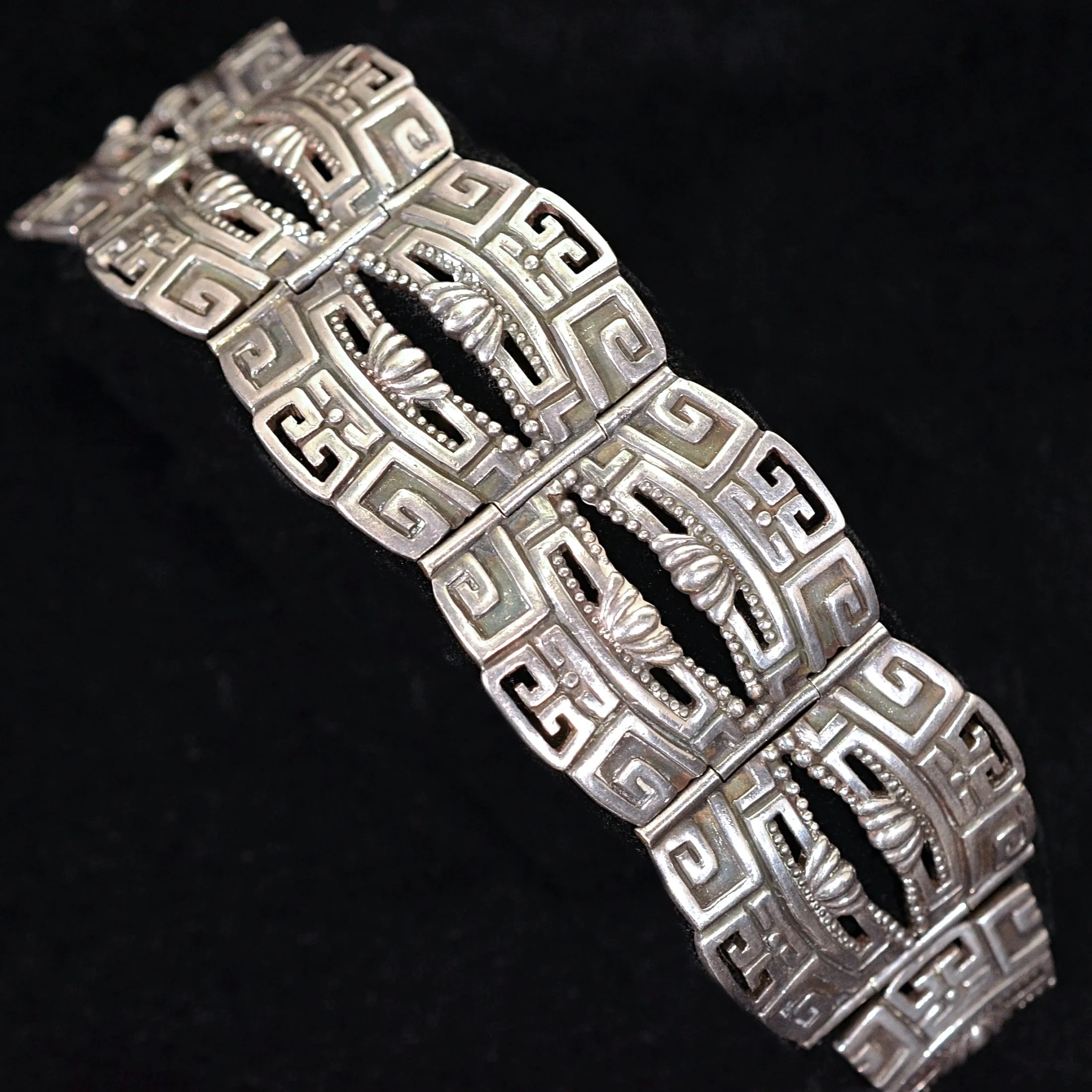 Margot De Taxco Sterling Mayan Bracelet #5280 Pre-Columbia Design 92.4 Grams