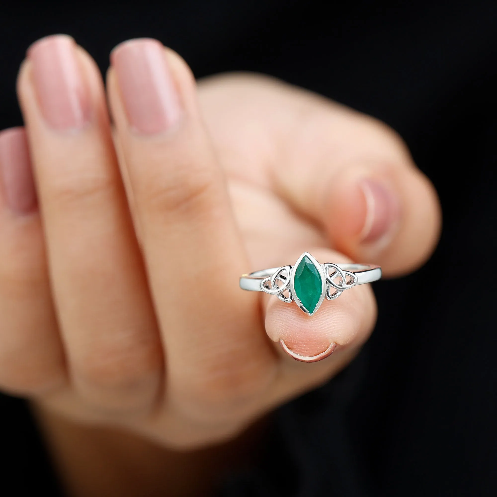 Marquise Cut Emerald Solitaire Celtic Ring in Bezel Setting