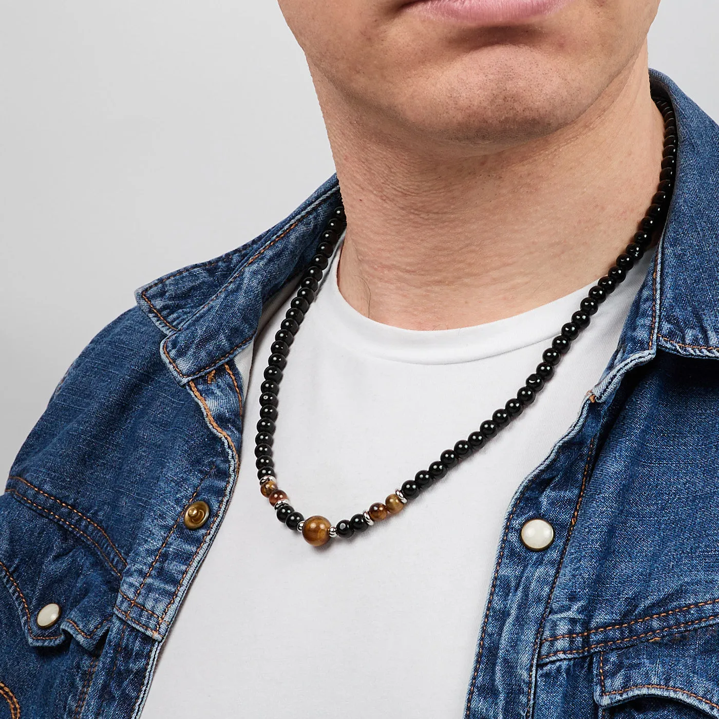 Mens Beaded Necklace | Handmade Men's Natural Black/Brown Tiger's Eye Gemstone Beaded Necklace