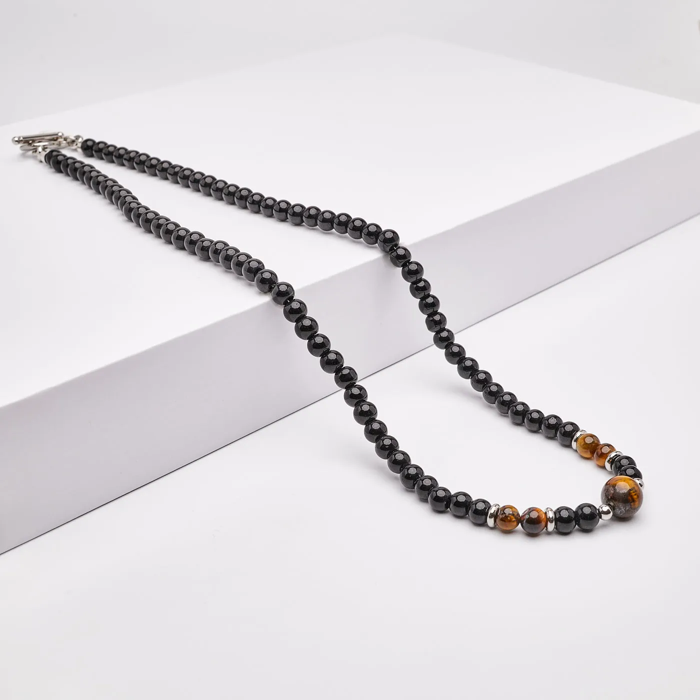 Mens Beaded Necklace | Handmade Men's Natural Black/Brown Tiger's Eye Gemstone Beaded Necklace