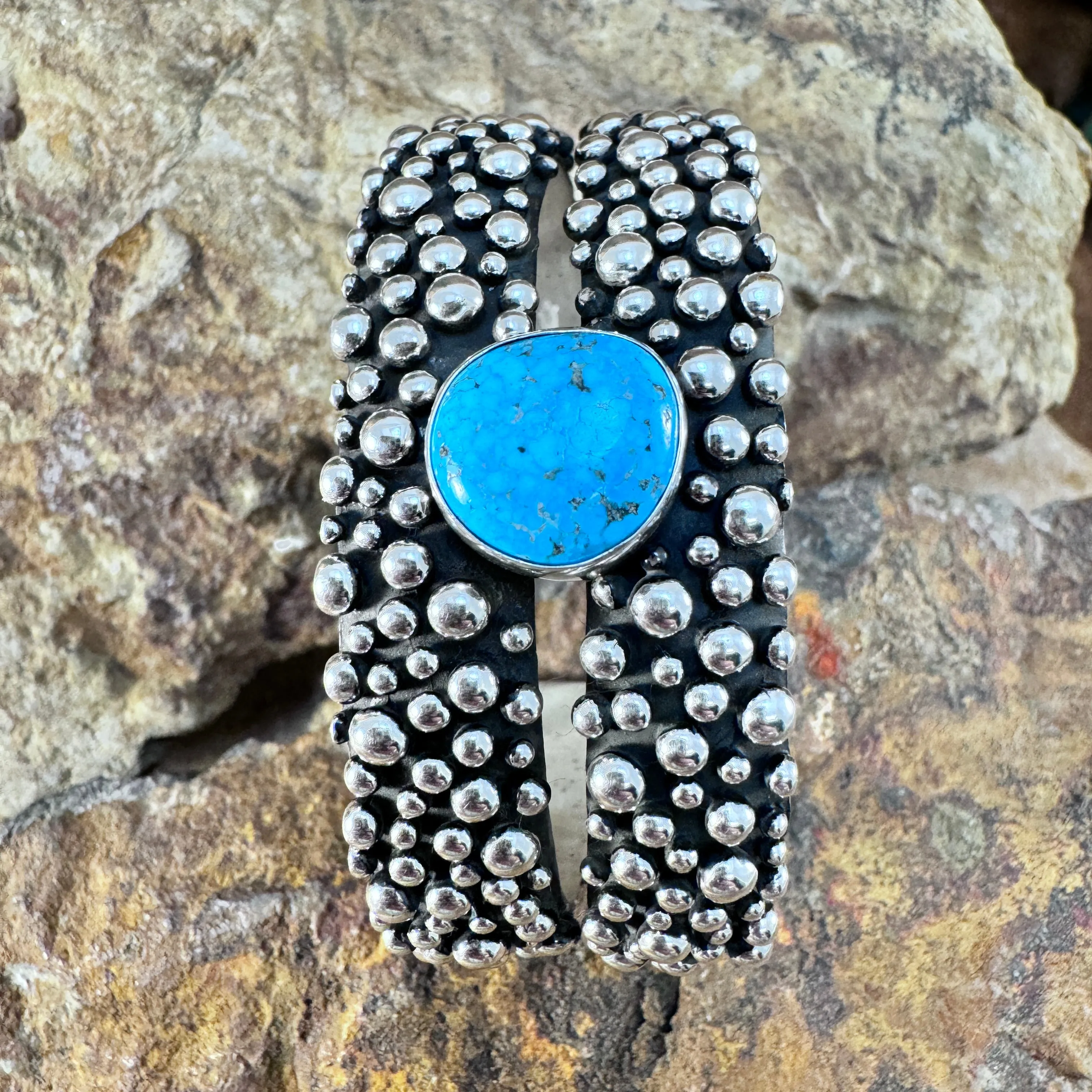 Million Drops Kingman Birdseye Turquoise Sterling Silver Cuff Bracelet by Ray Coriz