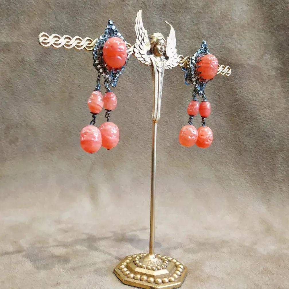 Miriam Haskell Coral Glass Drop Earrings