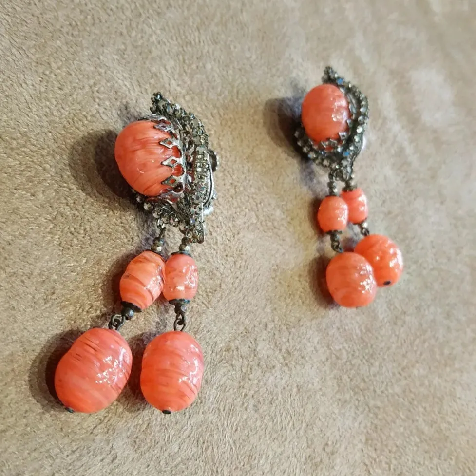 Miriam Haskell Coral Glass Drop Earrings