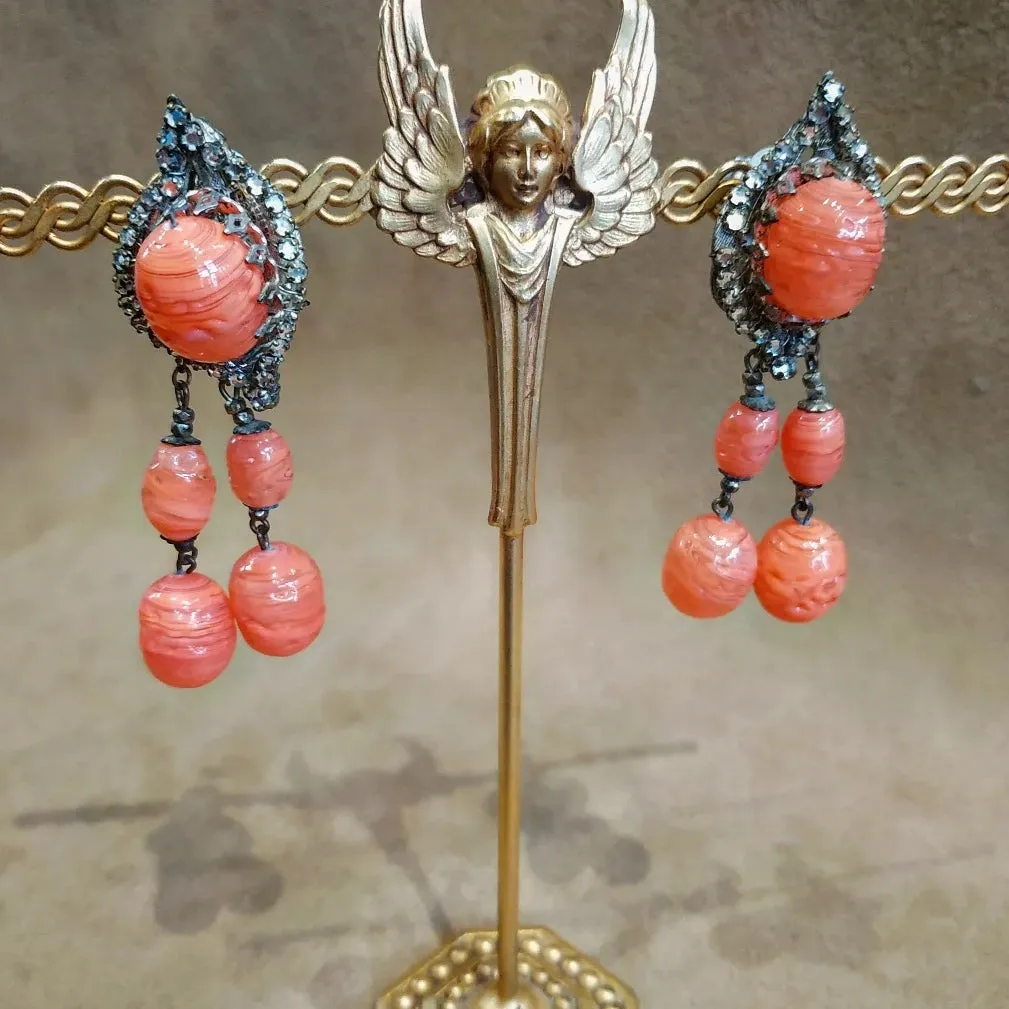 Miriam Haskell Coral Glass Drop Earrings