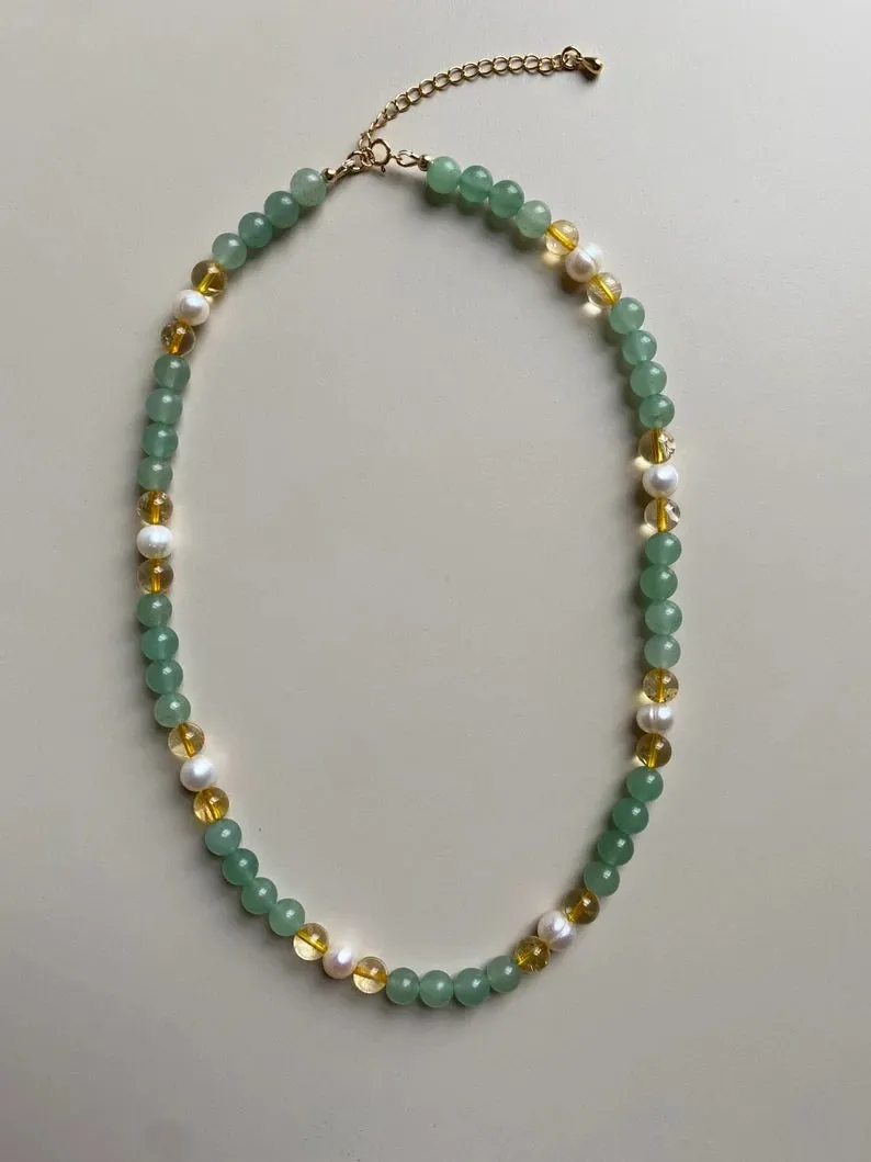 Money and Abundance - Green Aventurine, Citrine & Freshwater Pearls Beaded Bracelet