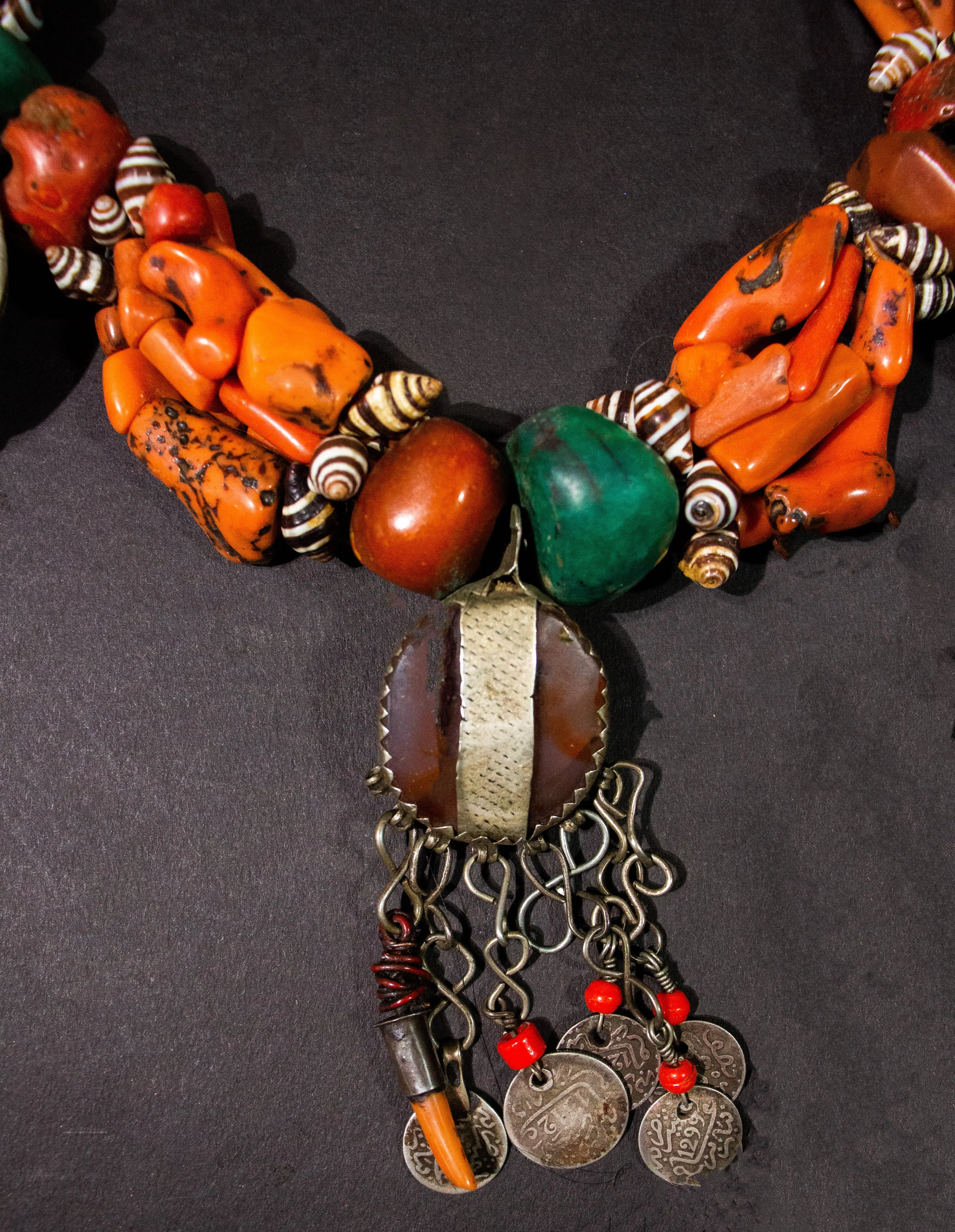 Moroccan Coral, Amber, Amazonite Dra Necklace