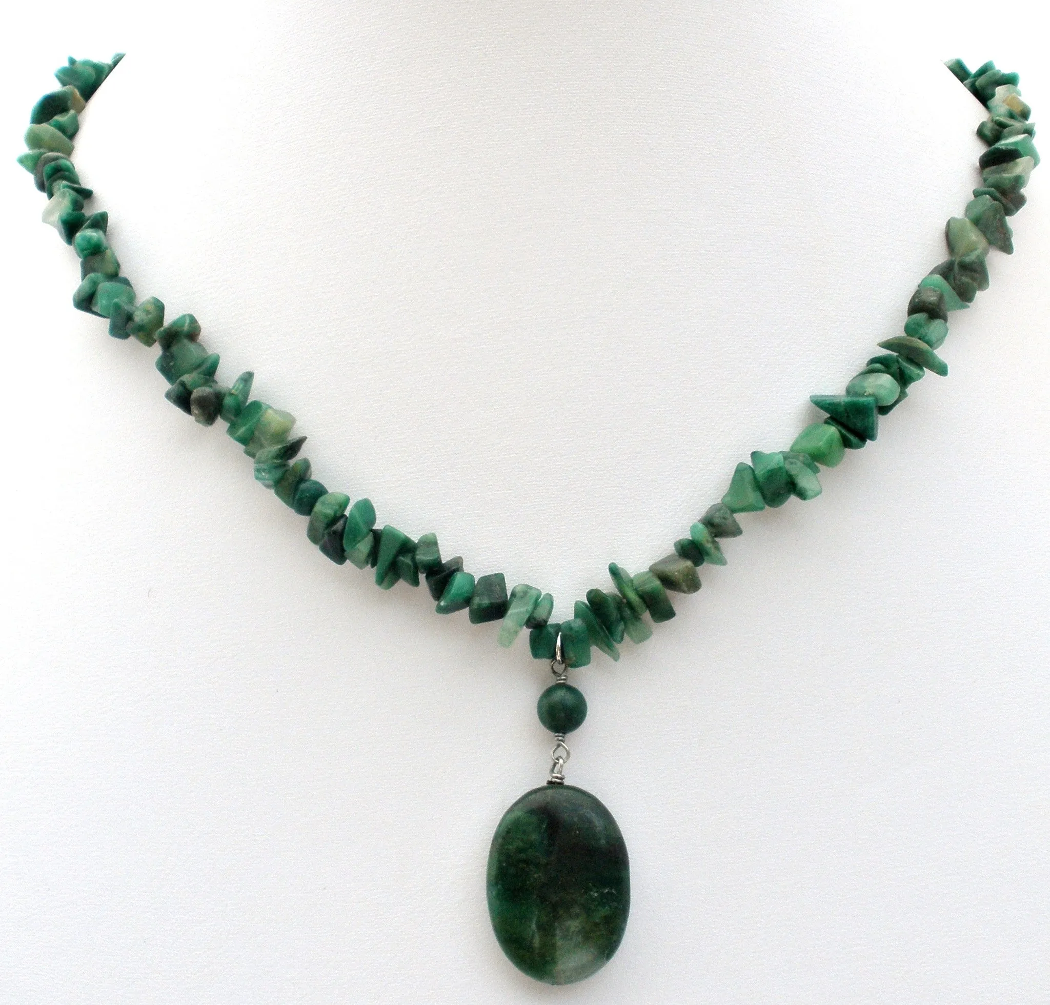 Moss Agate Nugget Bead Necklace Vintage 925