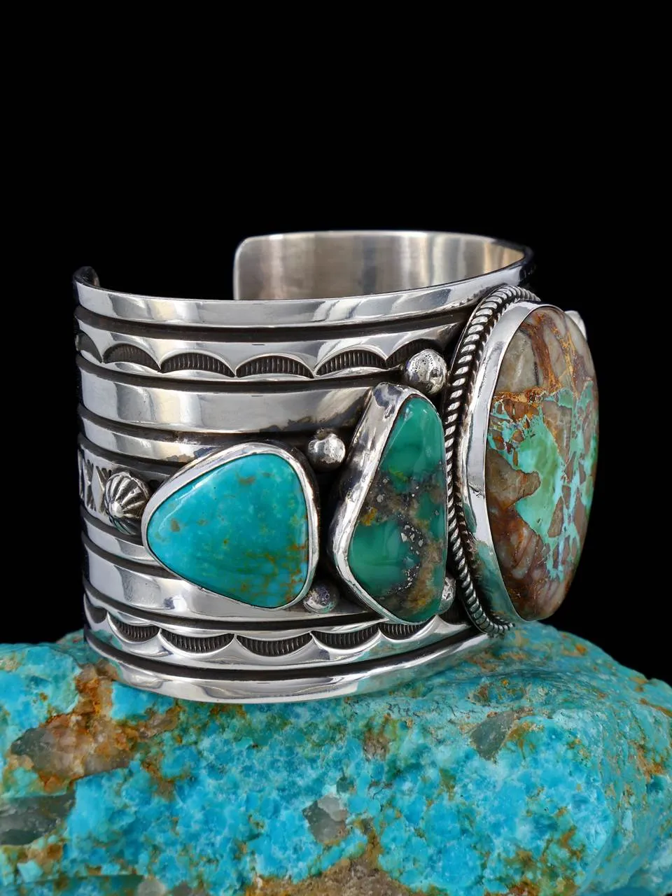 Native American Jewelry Sterling Silver Mixed Turquoise Cuff Bracelet