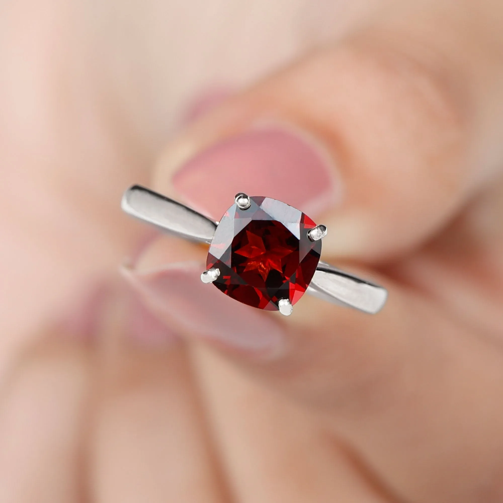 Natural Garnet Solitaire Engagement Ring with Diamond