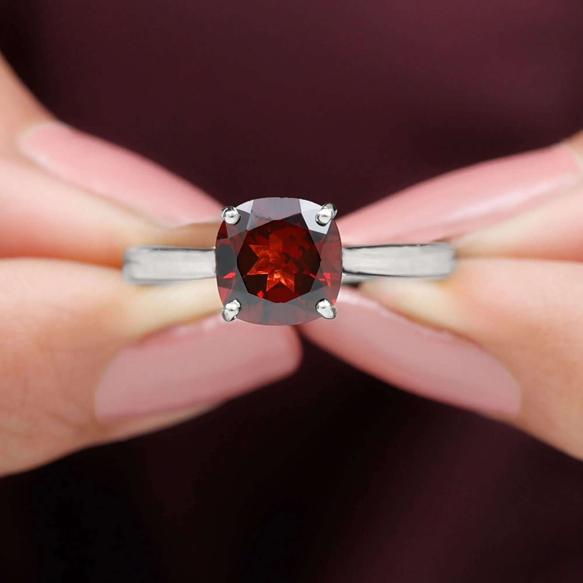 Natural Garnet Solitaire Engagement Ring with Diamond