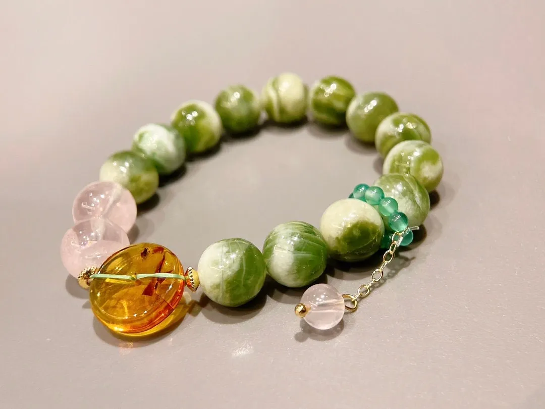 Natural Grapefruit Jade 10mm   Rose Quartz 11mm   Amber Handmade Bracelet | Handcrafted for Luck and Elegance | Handmade Jewelry | Crystal