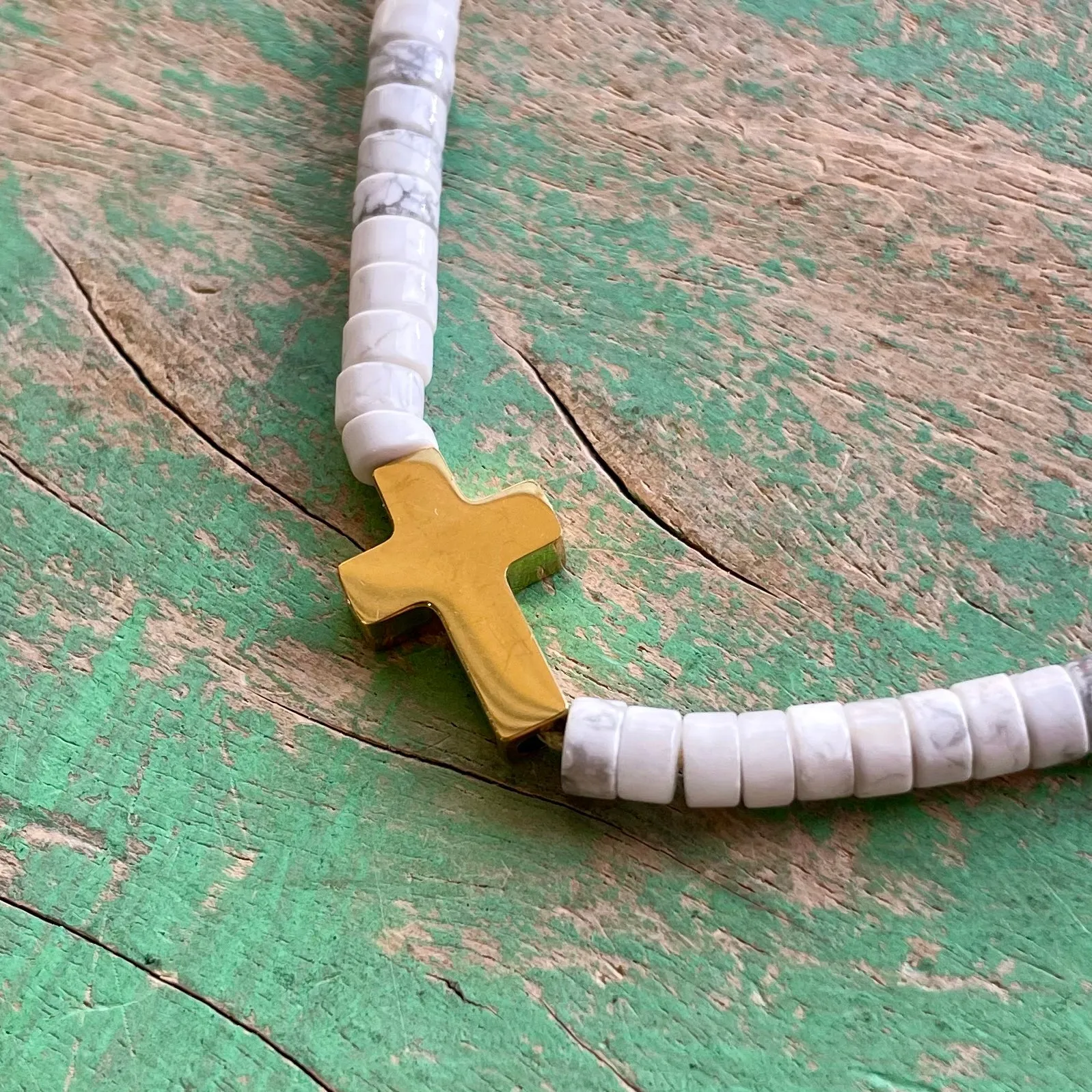 Natural Howlite Adjustable Cross Bracelet