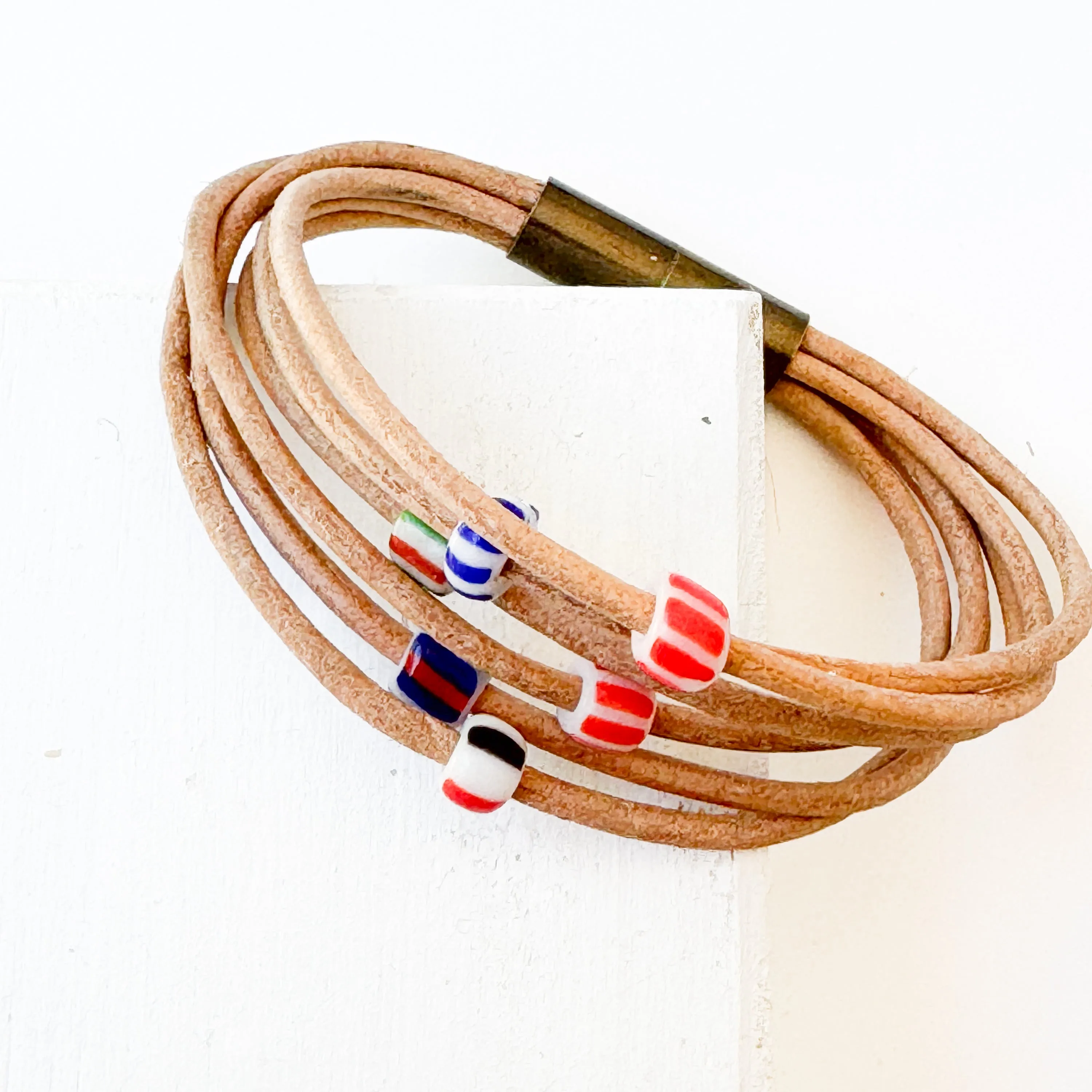 Natural Leather Bracelet with Tiny Fair Trade Chevron Beads