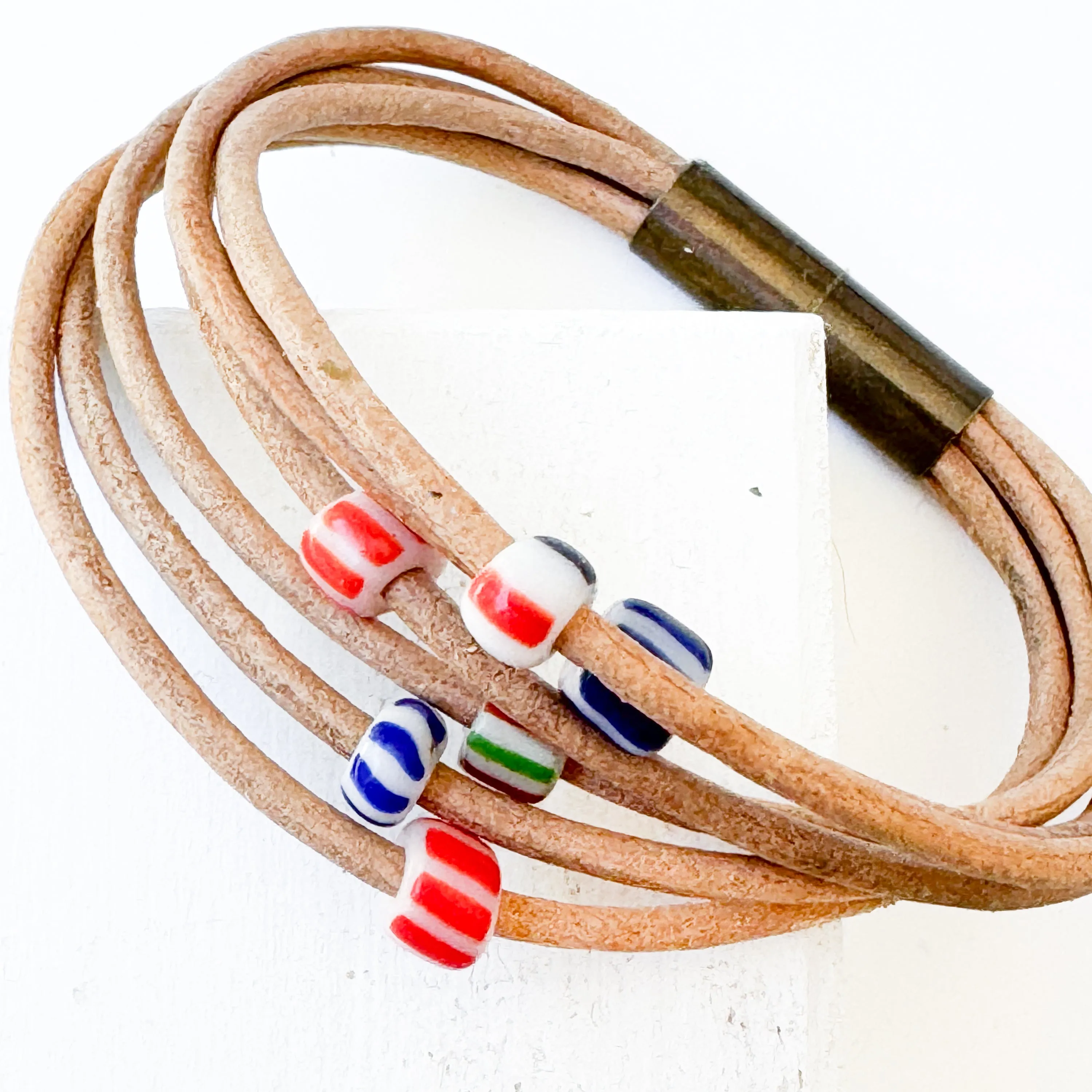 Natural Leather Bracelet with Tiny Fair Trade Chevron Beads