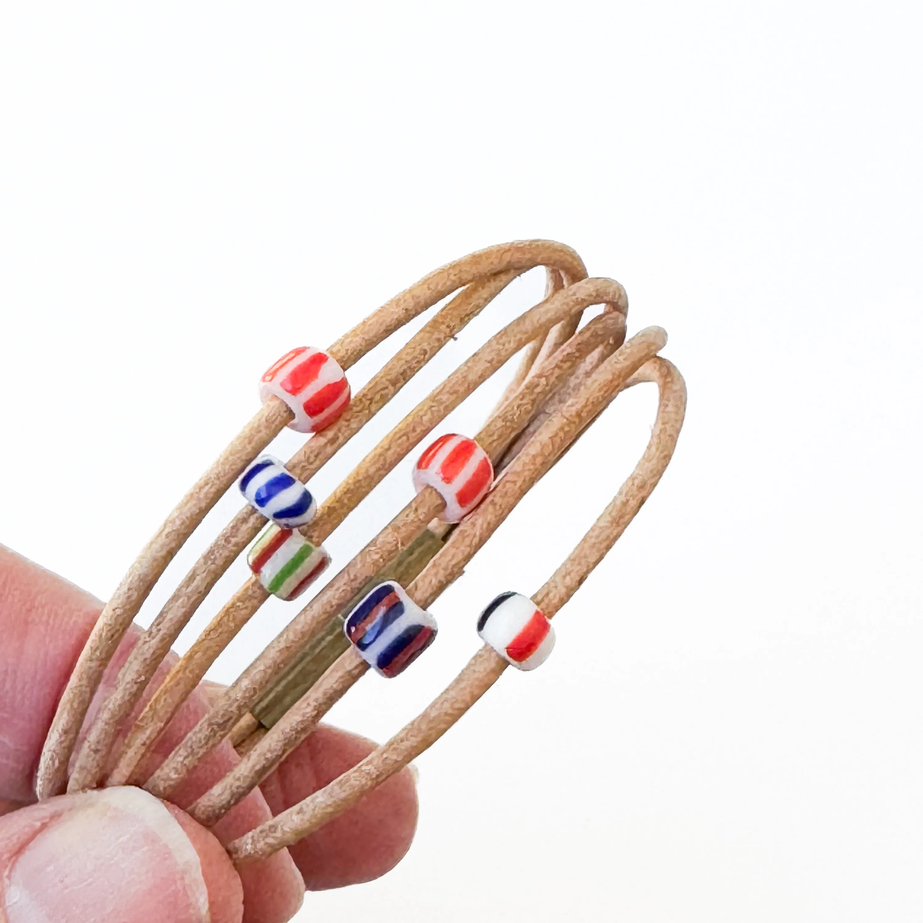 Natural Leather Bracelet with Tiny Fair Trade Chevron Beads