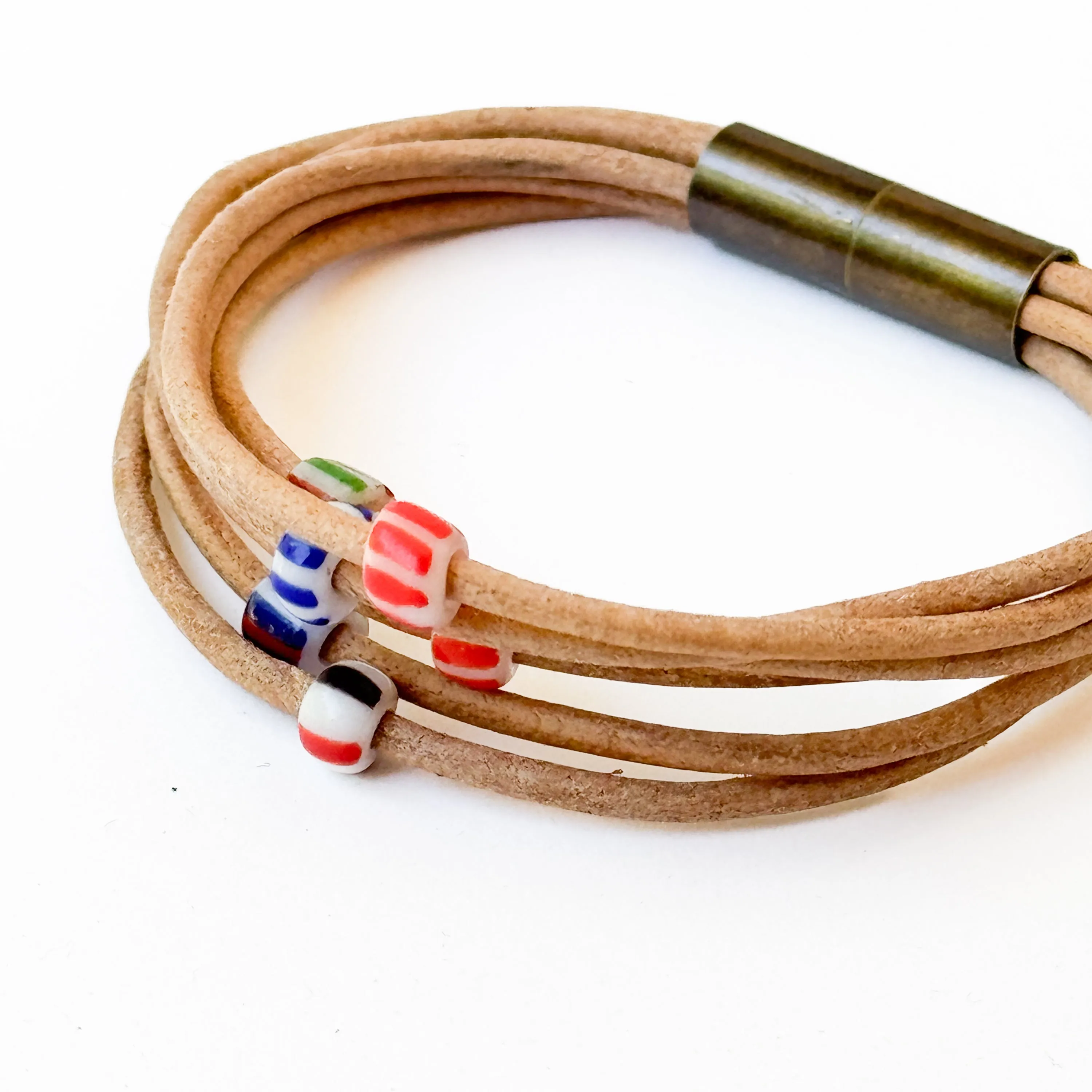 Natural Leather Bracelet with Tiny Fair Trade Chevron Beads