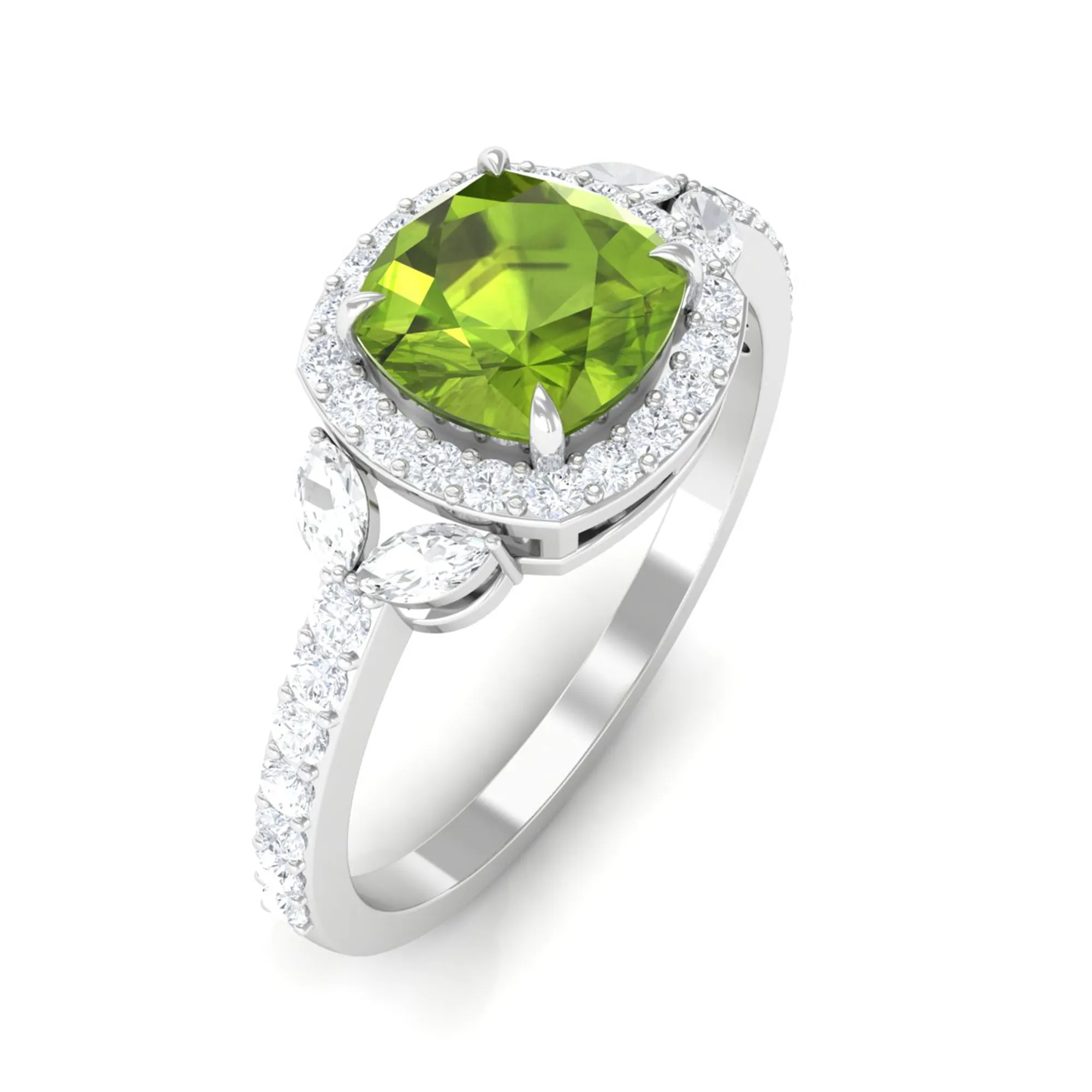 Natural Peridot Halo Engagement Ring with Diamond