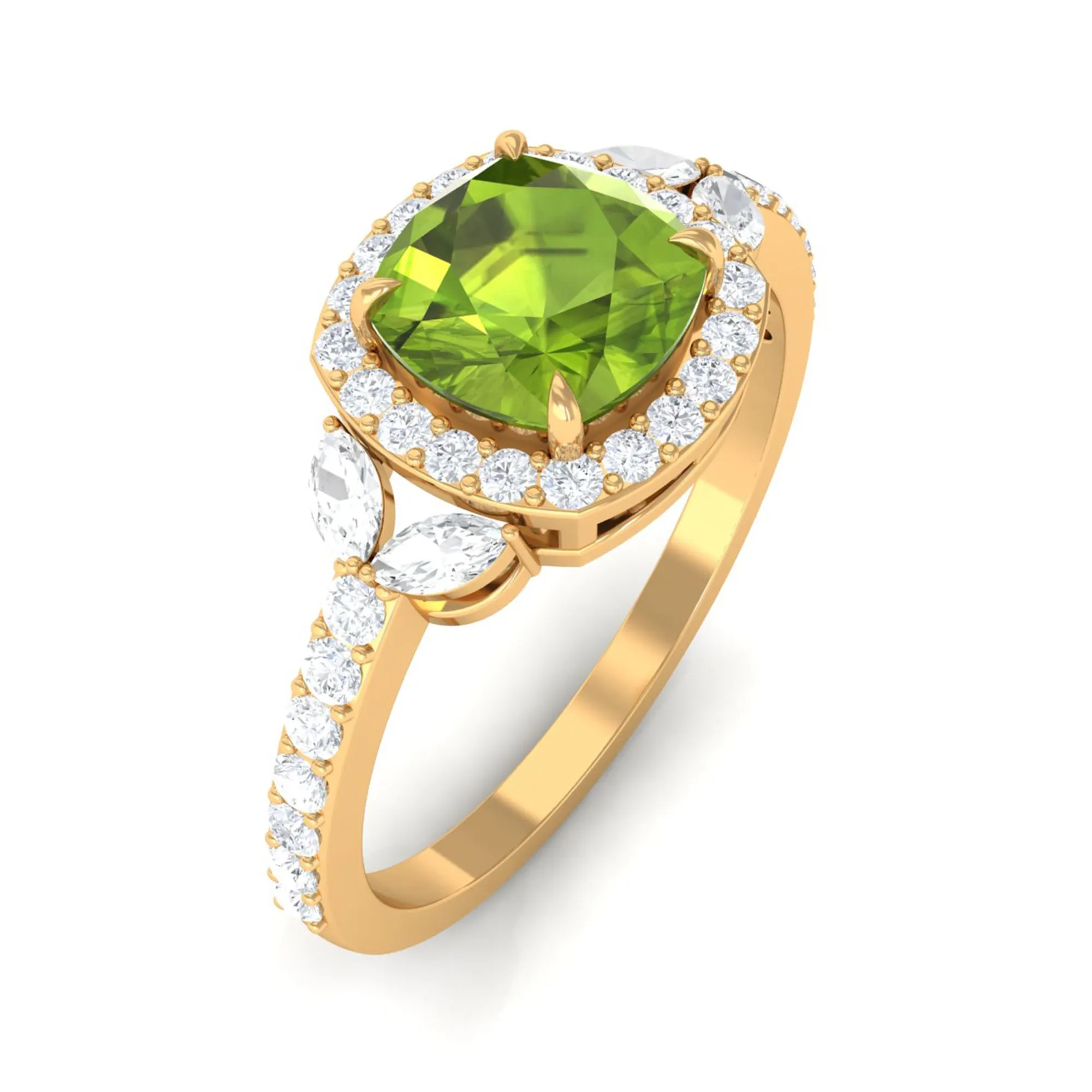 Natural Peridot Halo Engagement Ring with Diamond