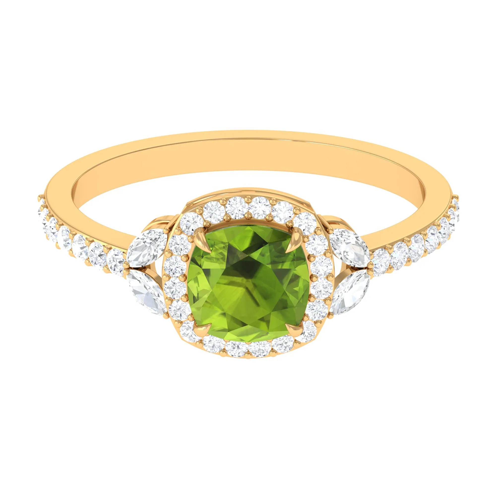 Natural Peridot Halo Engagement Ring with Diamond