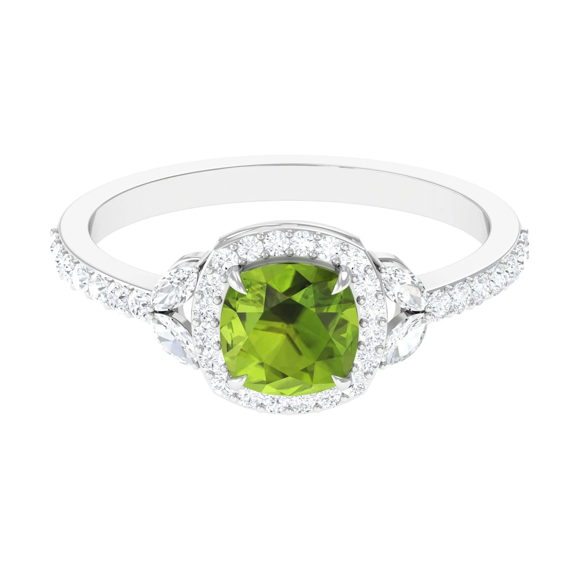 Natural Peridot Halo Engagement Ring with Diamond