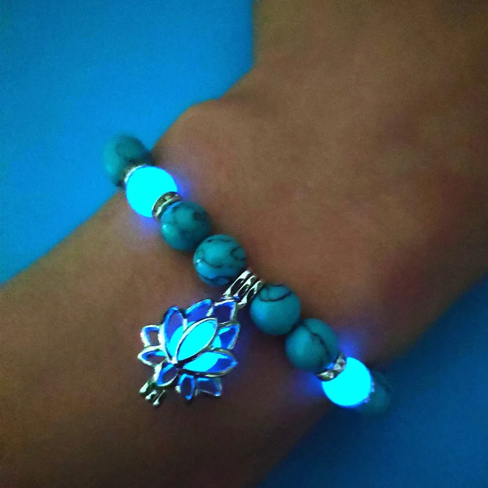 Natural Stone Bracelet Yoga Healing Luminous Glow In The Dark Bracelet Lotus Charm Beads Bracelet for Men Women Prayer Buddhism