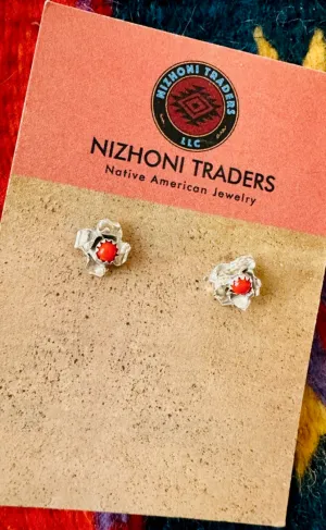 Navajo Coral and Sterling Silver Flower Stud Earrings