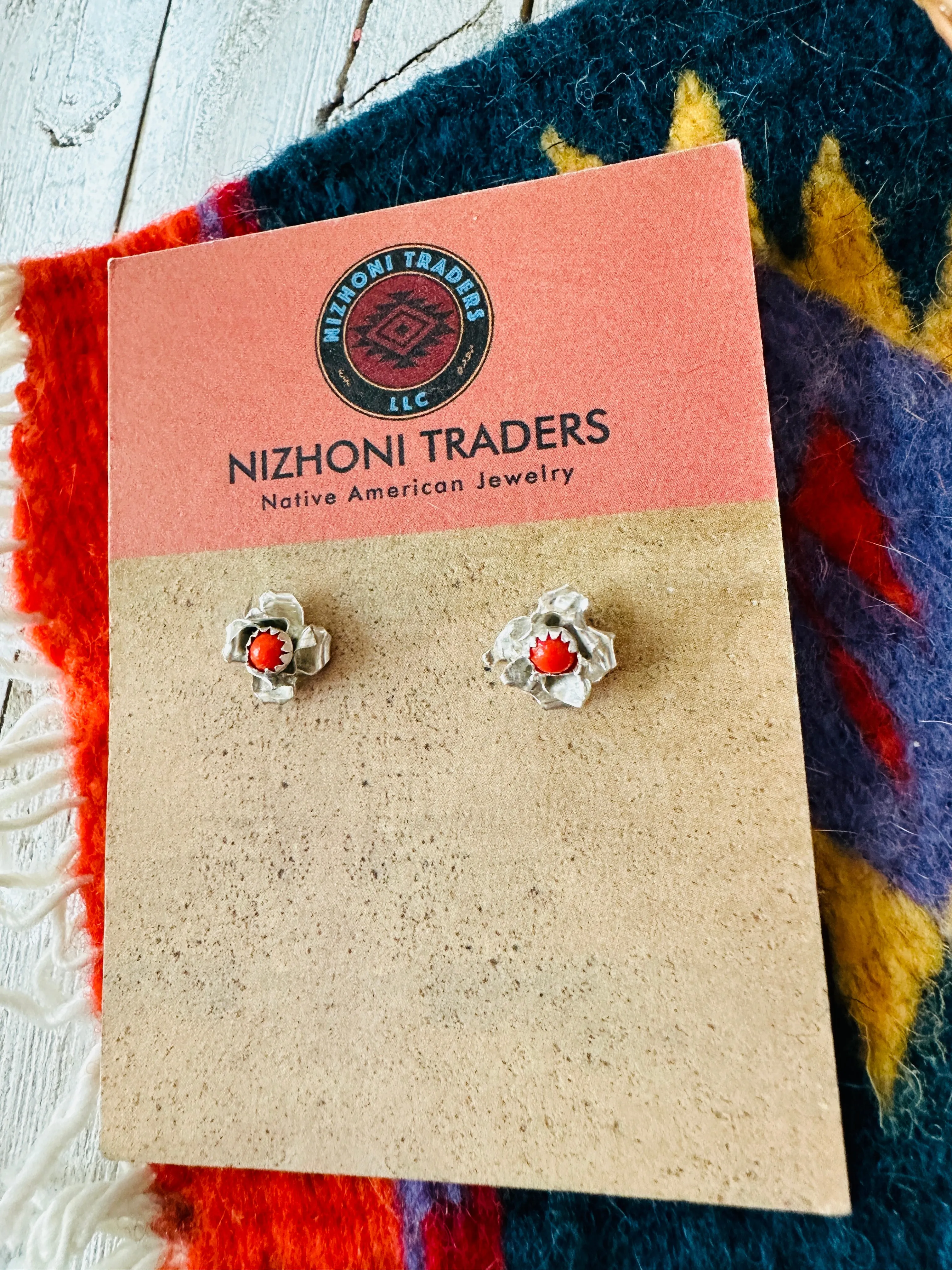 Navajo Coral and Sterling Silver Flower Stud Earrings