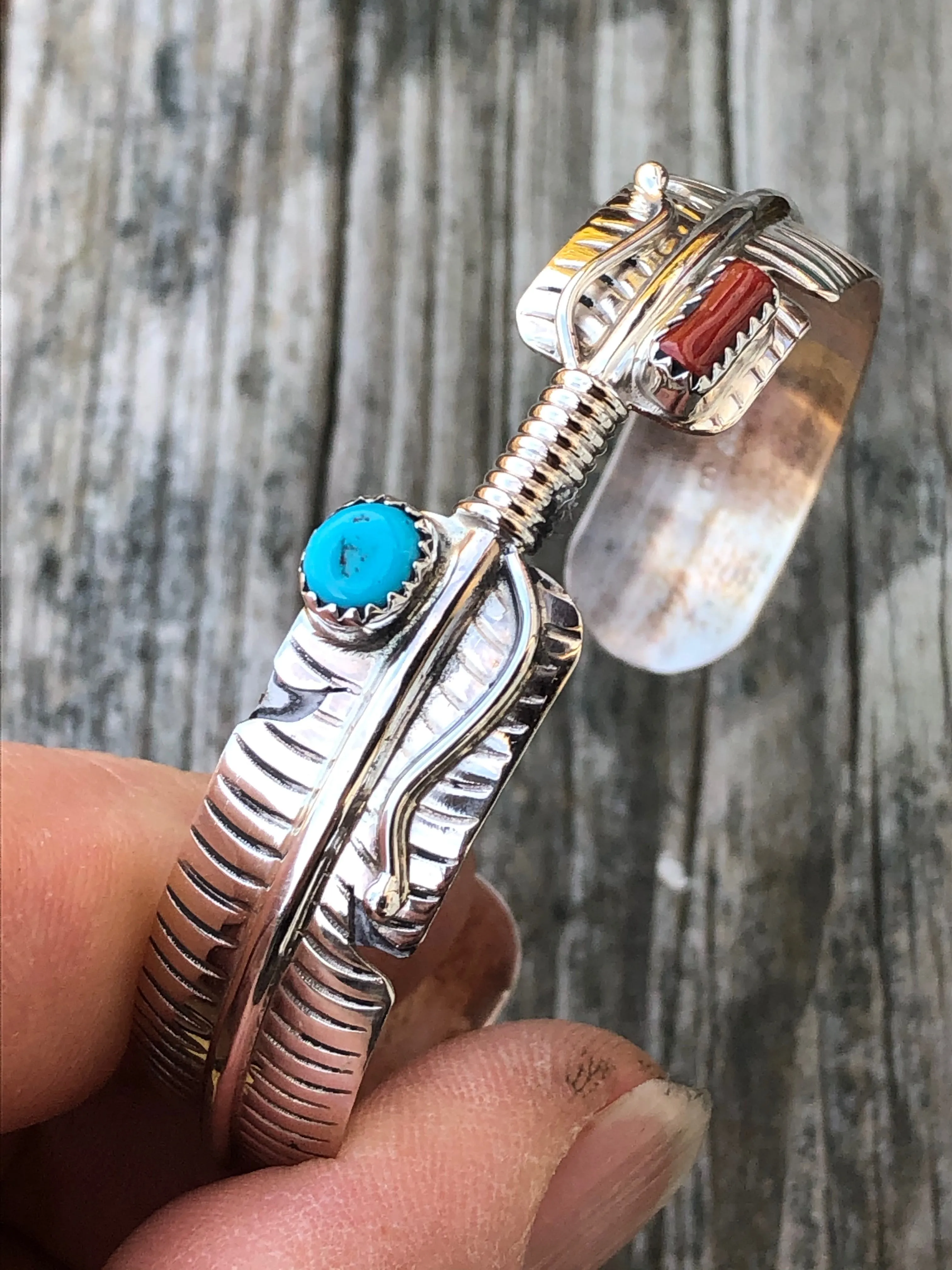 Navajo Coral and Turquoise Sterling Silver Feather Bracelet