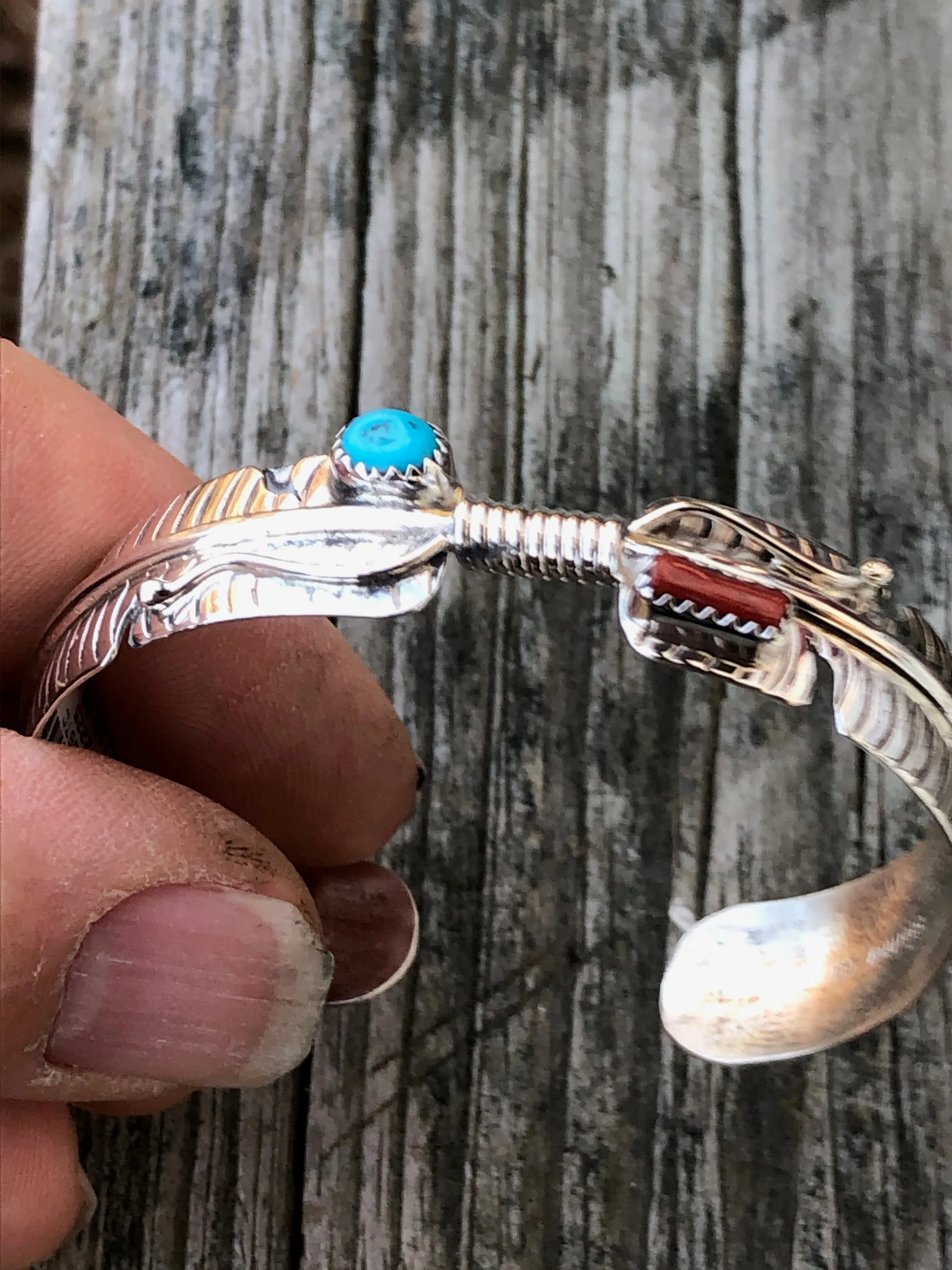 Navajo Coral and Turquoise Sterling Silver Feather Bracelet