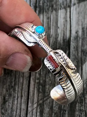 Navajo Coral and Turquoise Sterling Silver Feather Bracelet