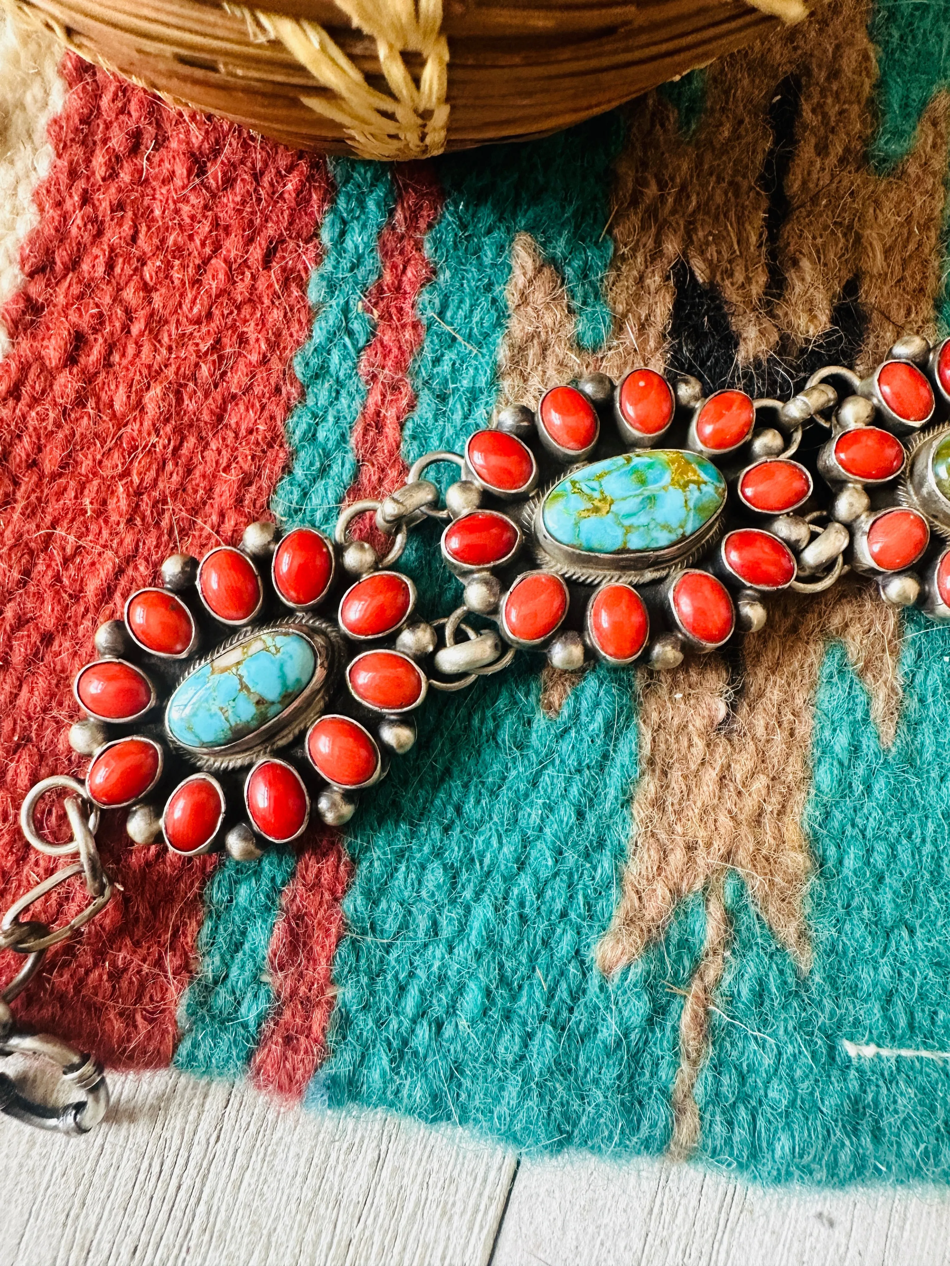 Navajo Coral, Turquoise & Sterling Silver Link Bracelet