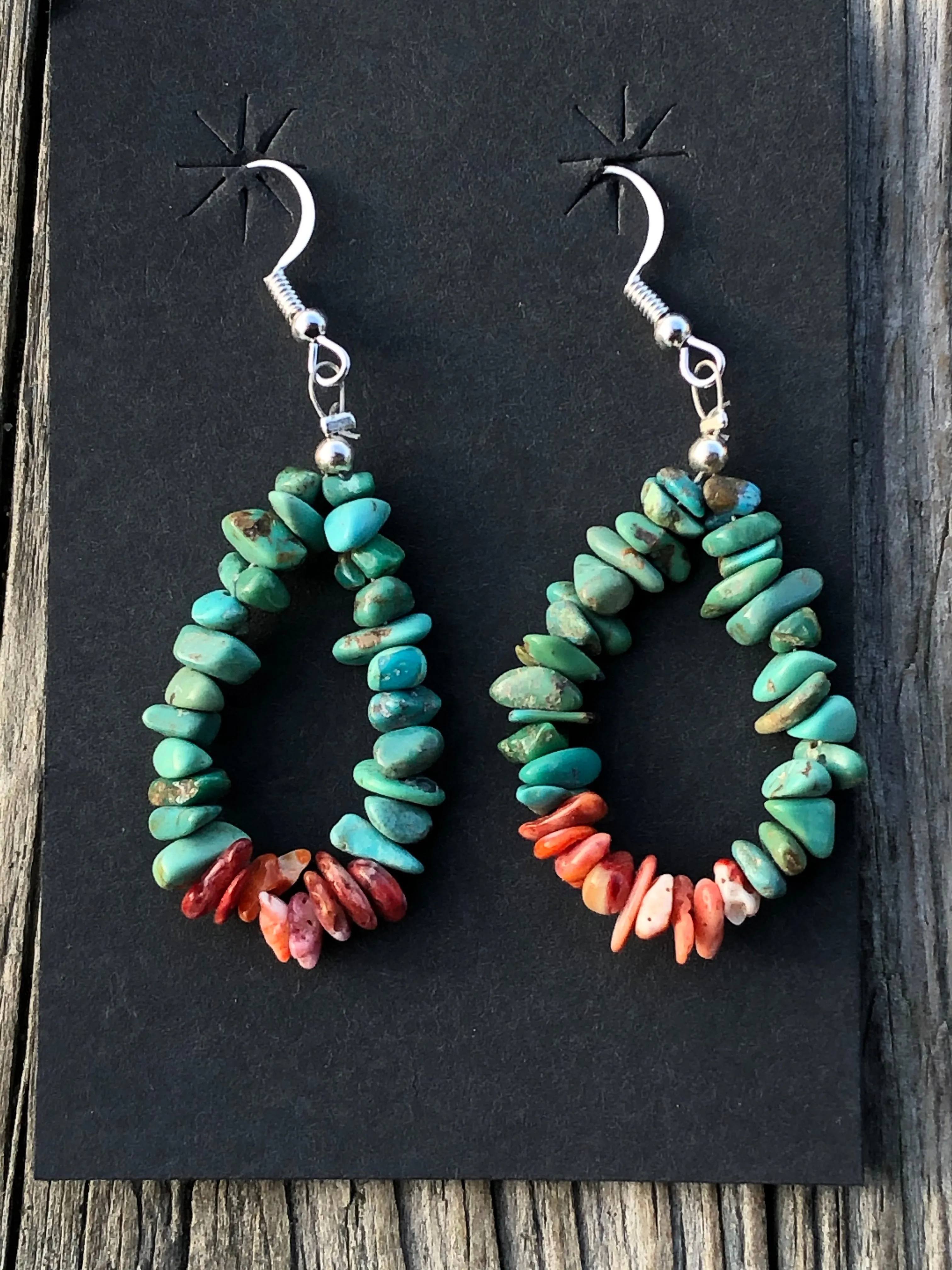 Navajo hoop shape turquoise and coral earrings