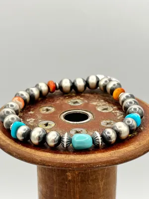 Navajo Pearl Stretch Bracelet with Turquoise and Spiny Oyster