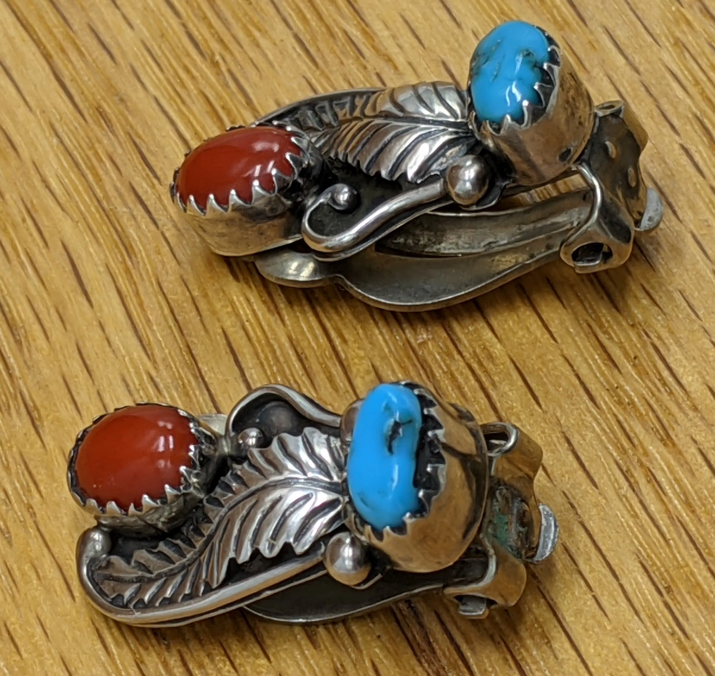 Navajo Stabilized Turquoise and Coral Clip Earrings Hallmarked YB